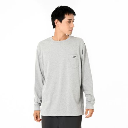 NB刺繍ポケットロングスリーブTシャツ, ATHLETIC GREY HEATHER, AMT55696AGT