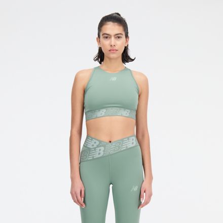 New Balance Nb Sleek Medium Support Sports Bra In Green Poly Knit