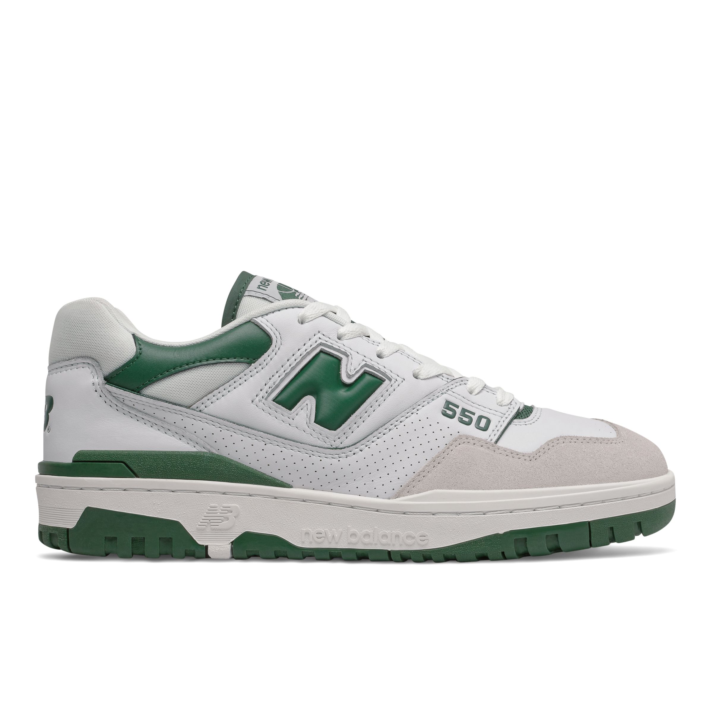 New Balance Unisex BB550 in White/Green Leather, size 11.5