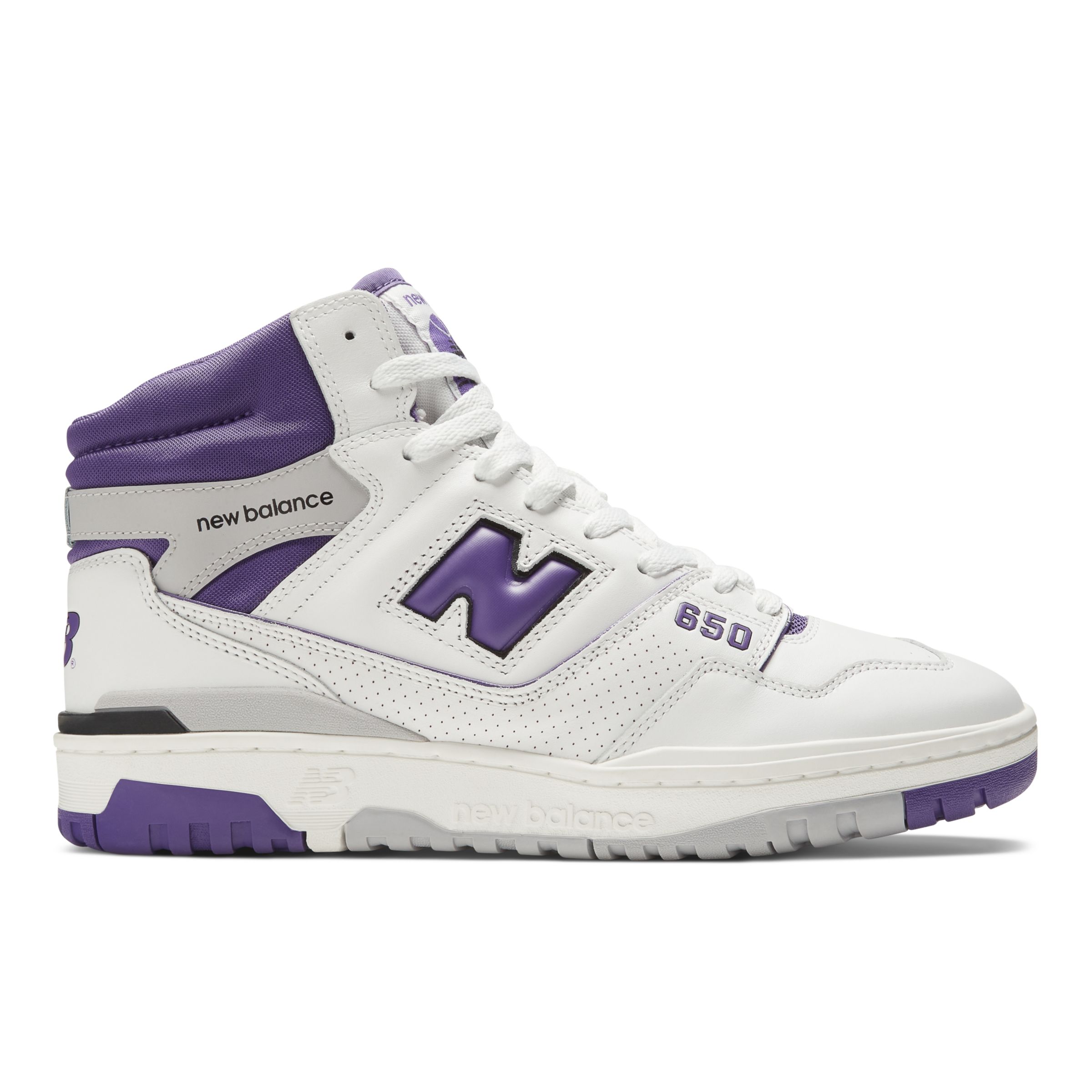 New Balance Men's 650 in White/Purple/Grey Leather, size 7.5