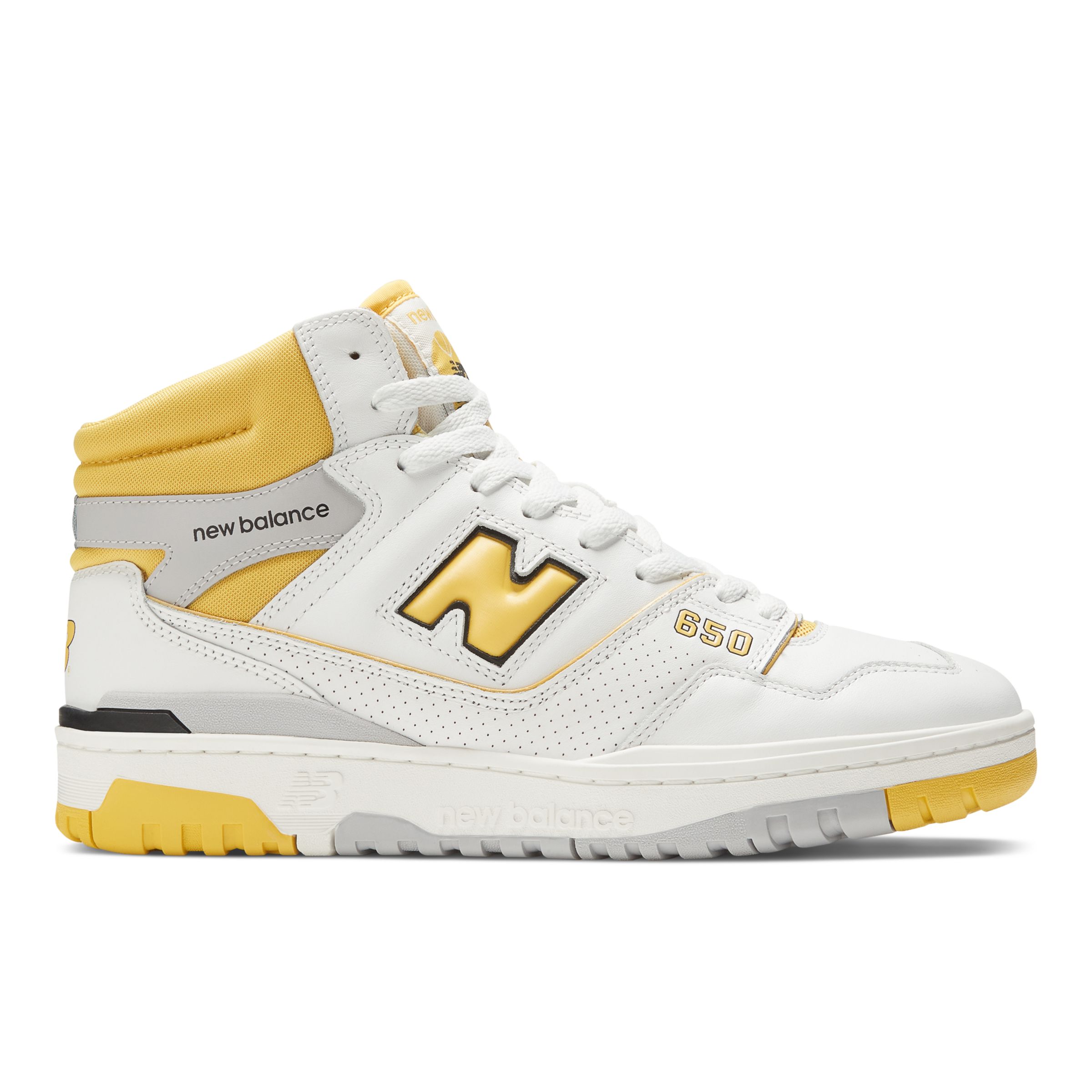 New Balance Men's 650 in White/Yellow/Grey Leather, size 8.5