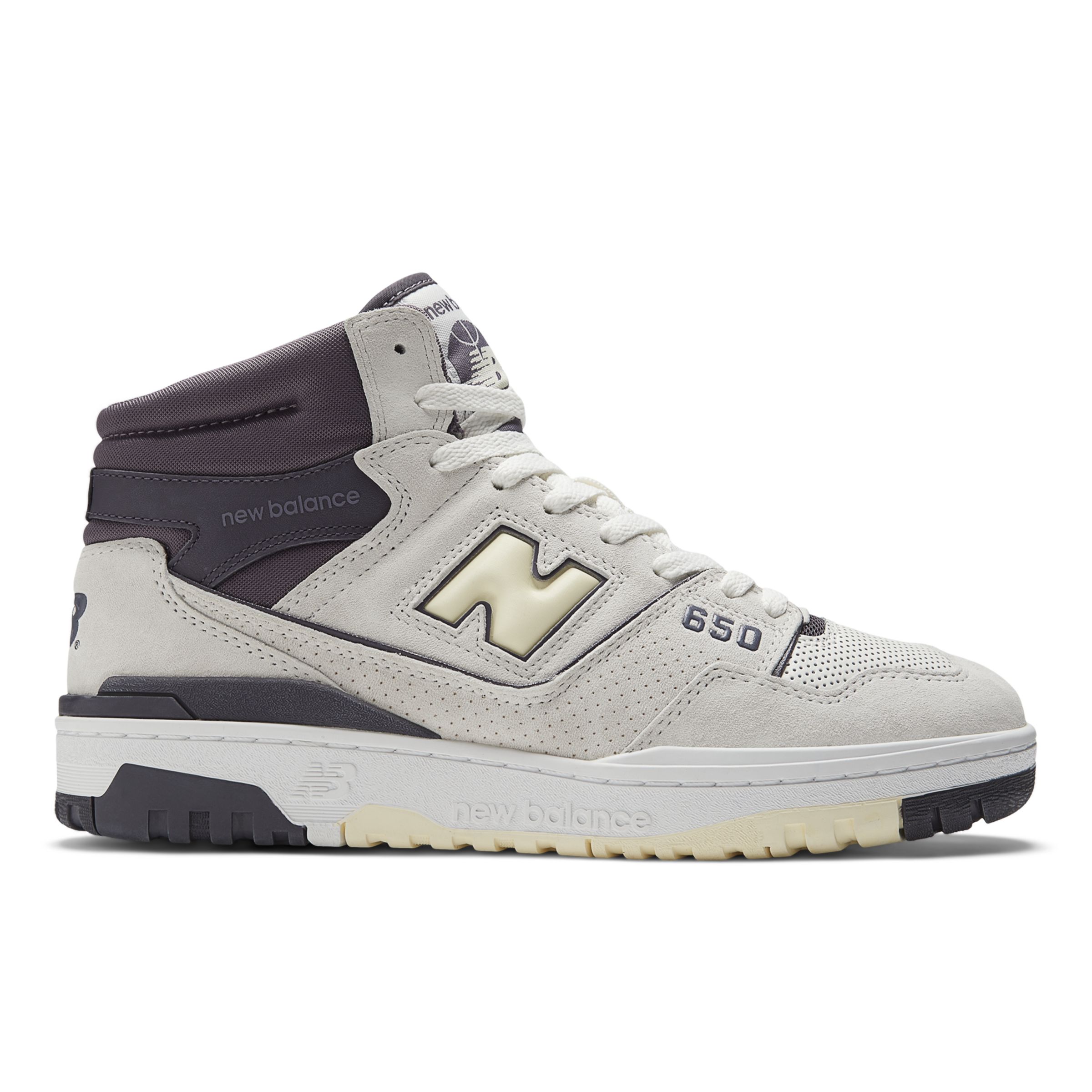 New Balance Unisex 650 in White/Purple/Yellow Leather, size 7.5