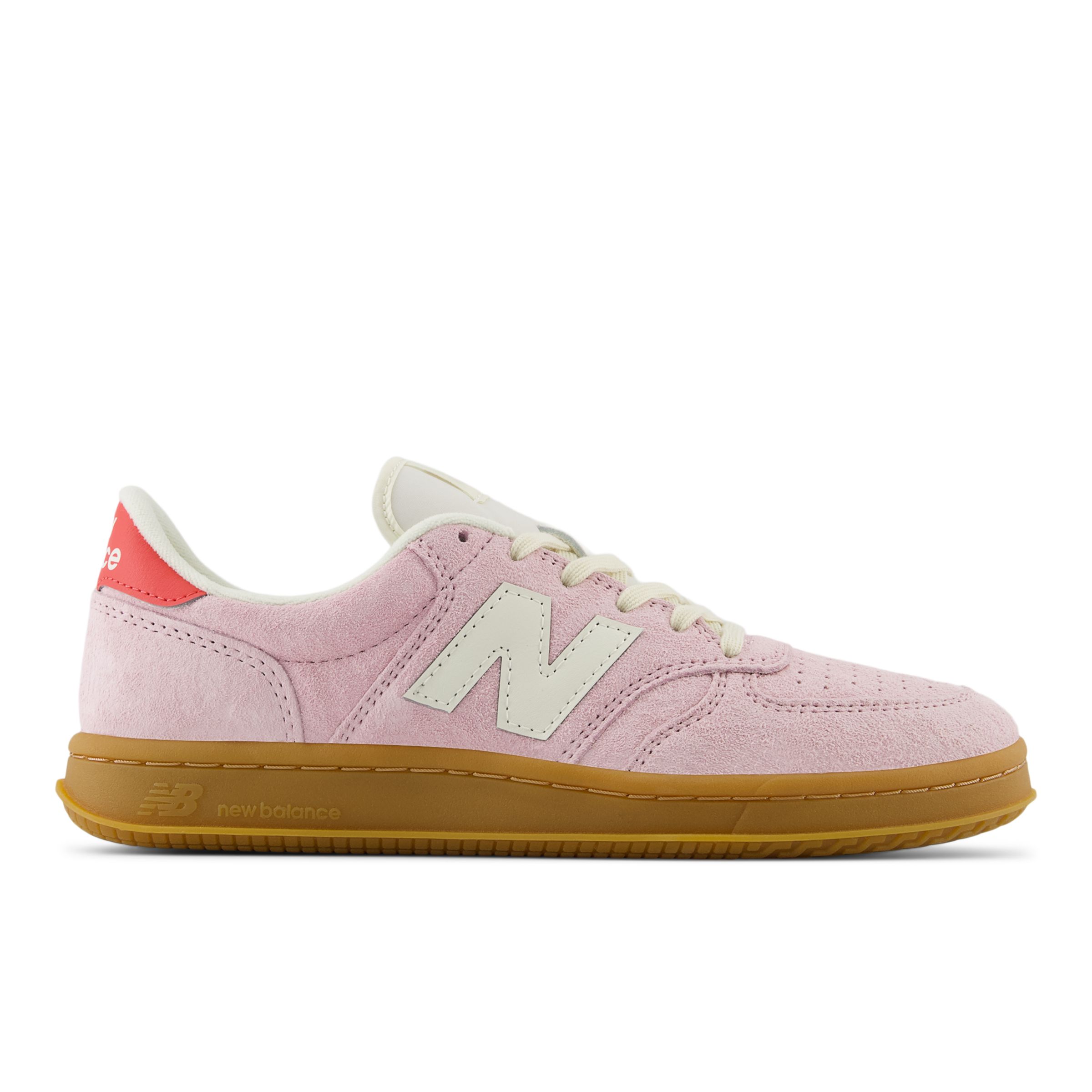 New Balance Unisex T500 in Pink/Red/Beige Leather, size 8