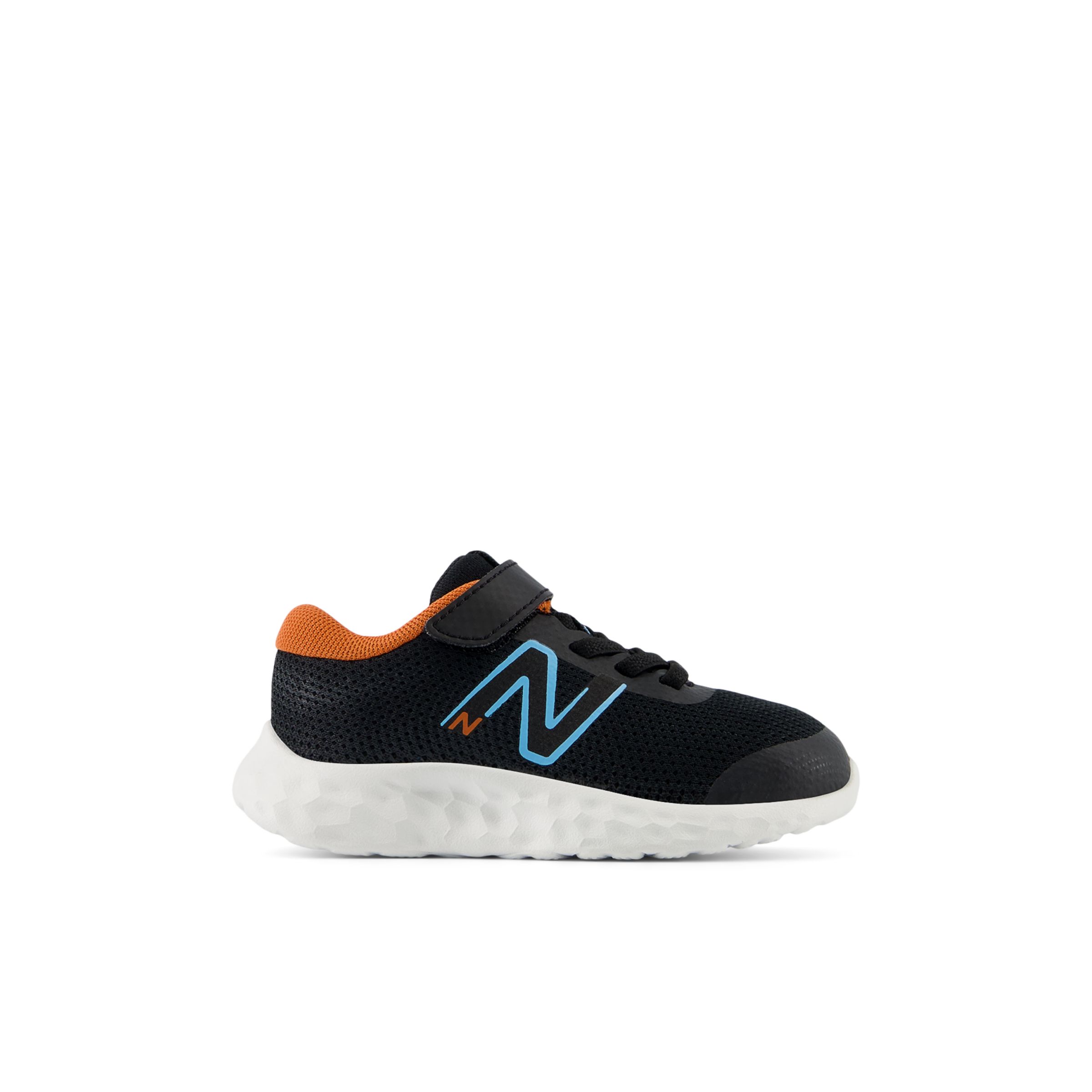 New Balance Infants' 520v8 Bungee Lace in Black/Blue/Orange Mesh, size 7.5