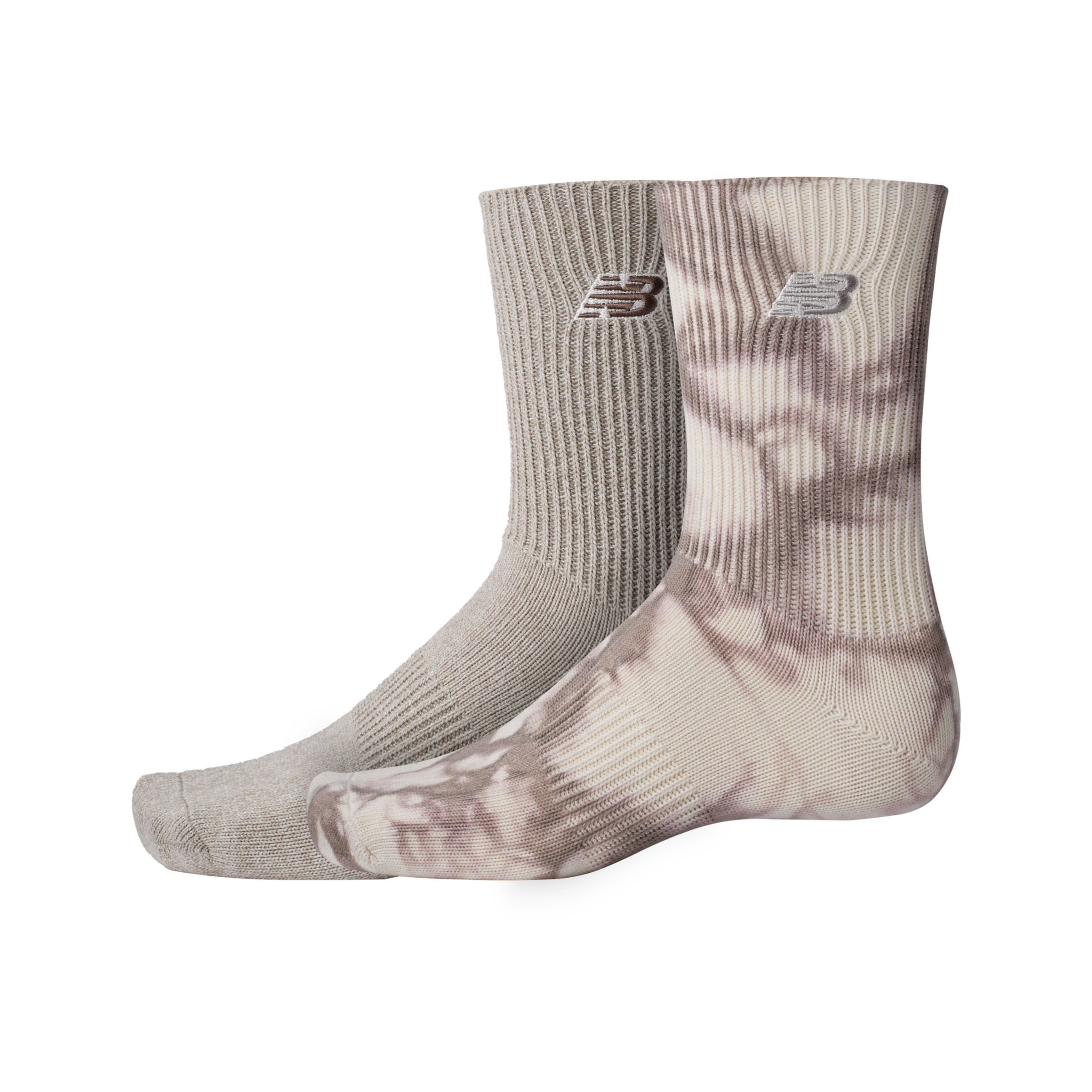 New Balance Unisex Ribbed Cuff Mid Calf Socks 2 Pack in Brown/Beige Cotton, size Large