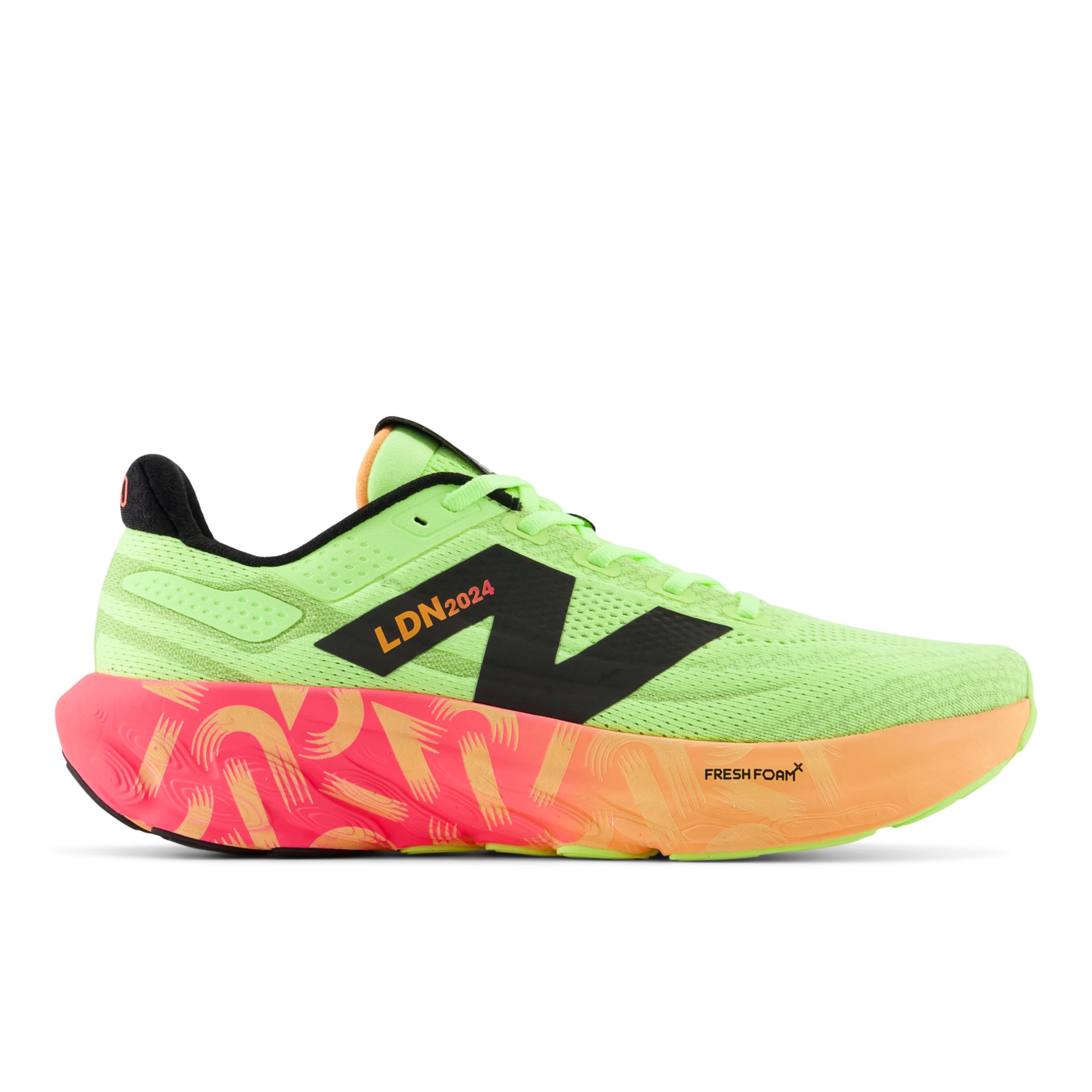 New Balance Men's TCS London Marathon Fresh Foam X 1080v13 in Green/Orange/Pink/Black Synthetic, size 11 X-Wide