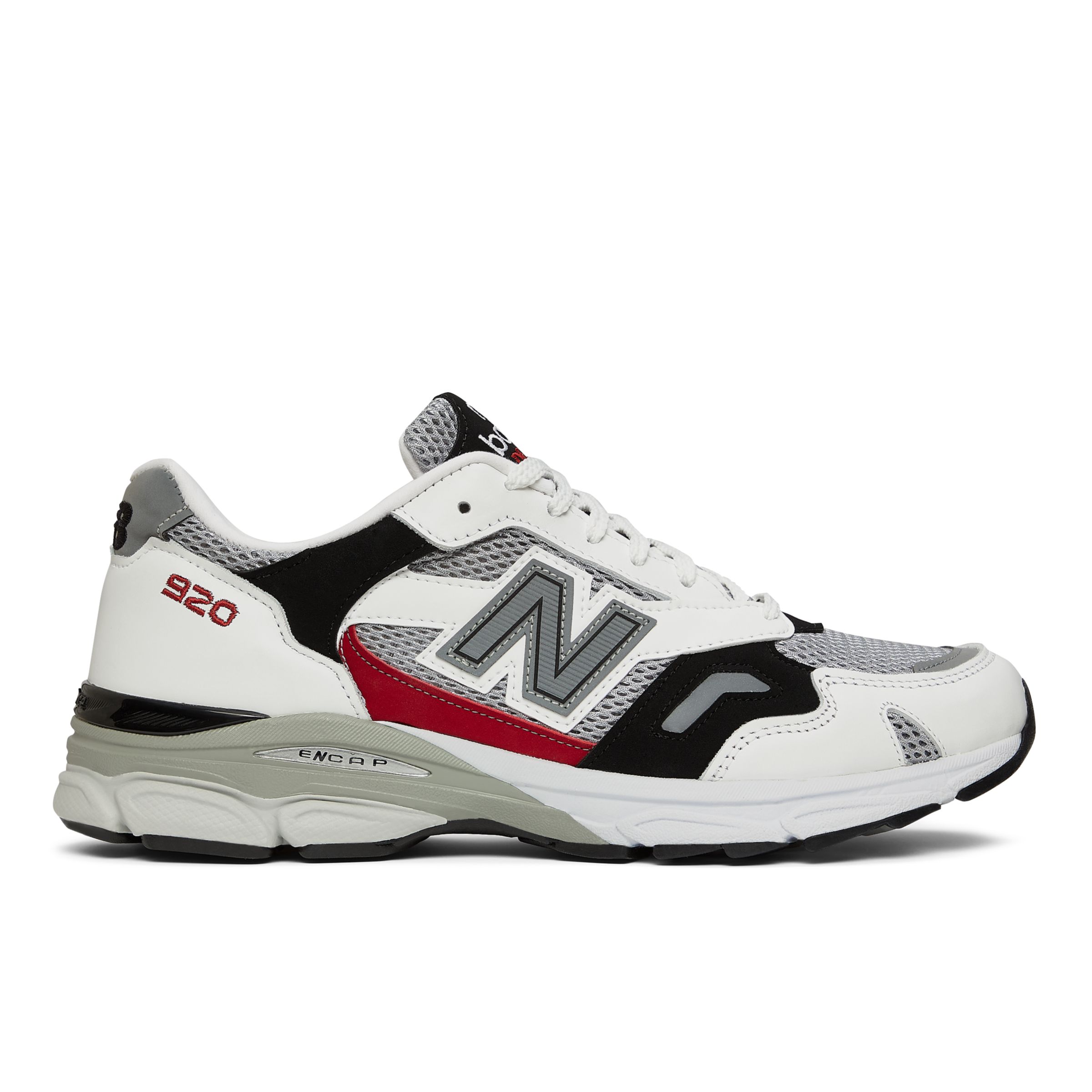 New Balance Men's MADE in UK 920 in White/Grey/Red/Black Suede/Mesh, size 11.5