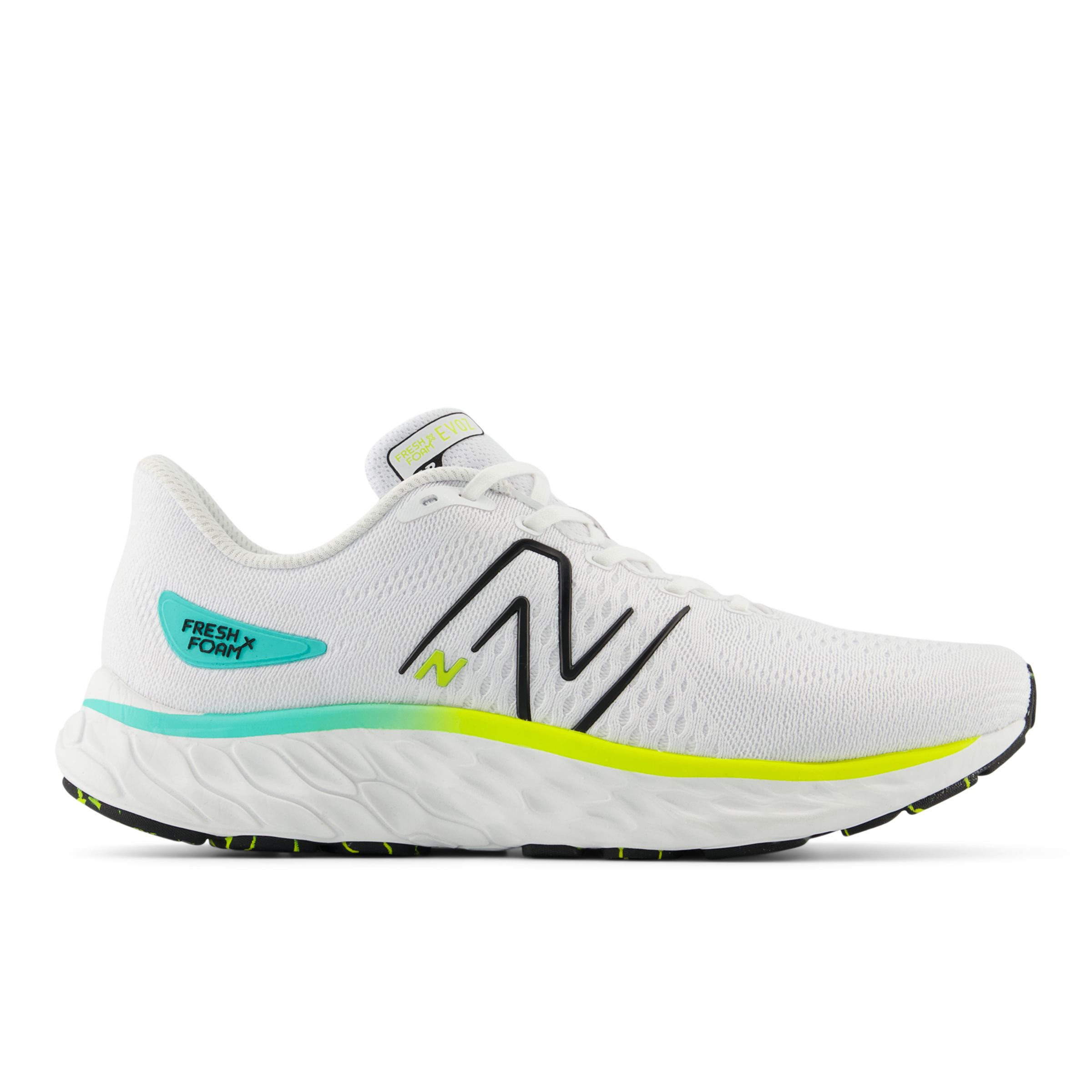 New Balance Men's Fresh Foam X EVOZ v3 in White/Black/Yellow/Green Textile, size 7