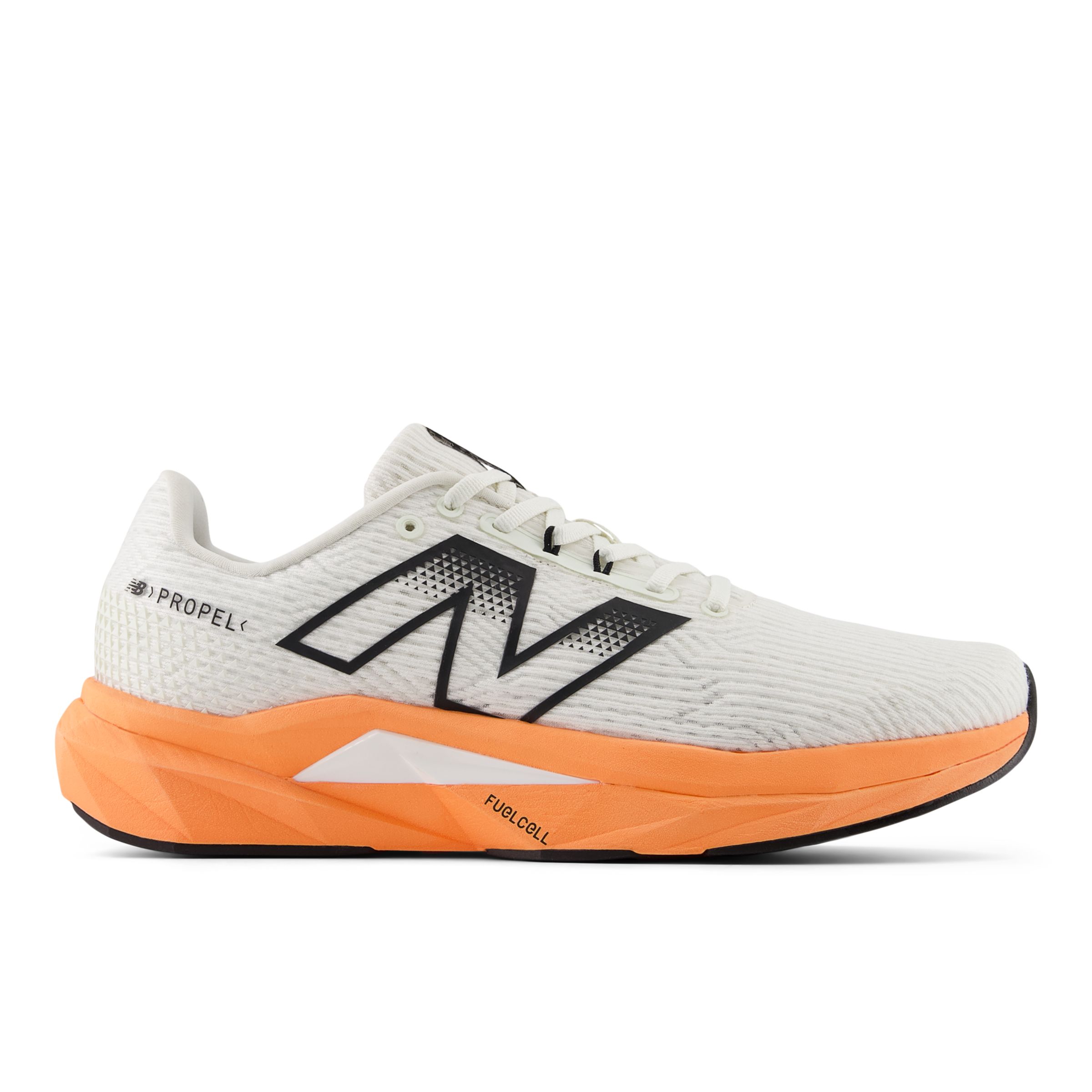 New Balance Men's FuelCell Propel v5 in Orange/White/Black Synthetic, size 7