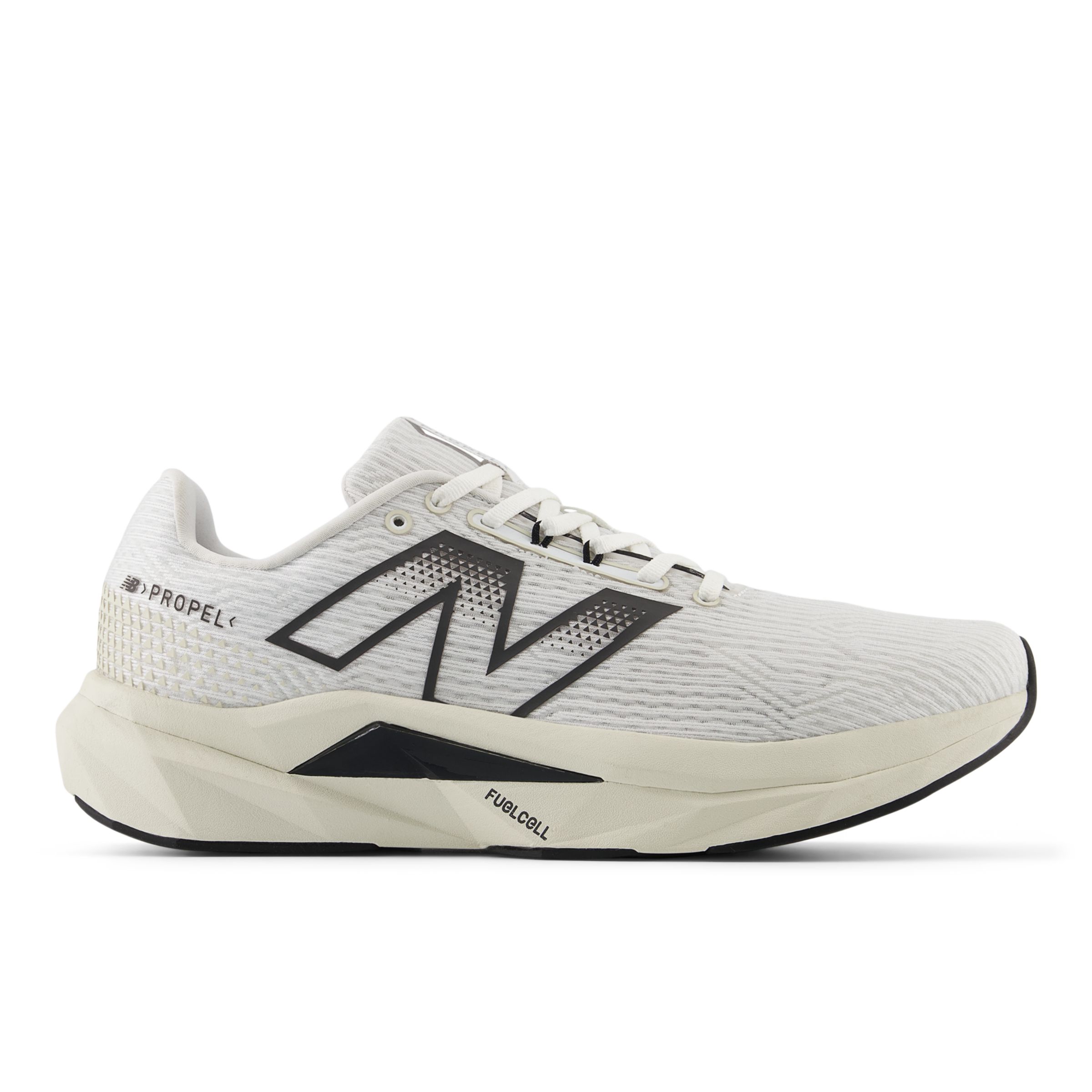 New Balance Men's FuelCell Propel v5 in White/Black/Beige Synthetic, size 6.5