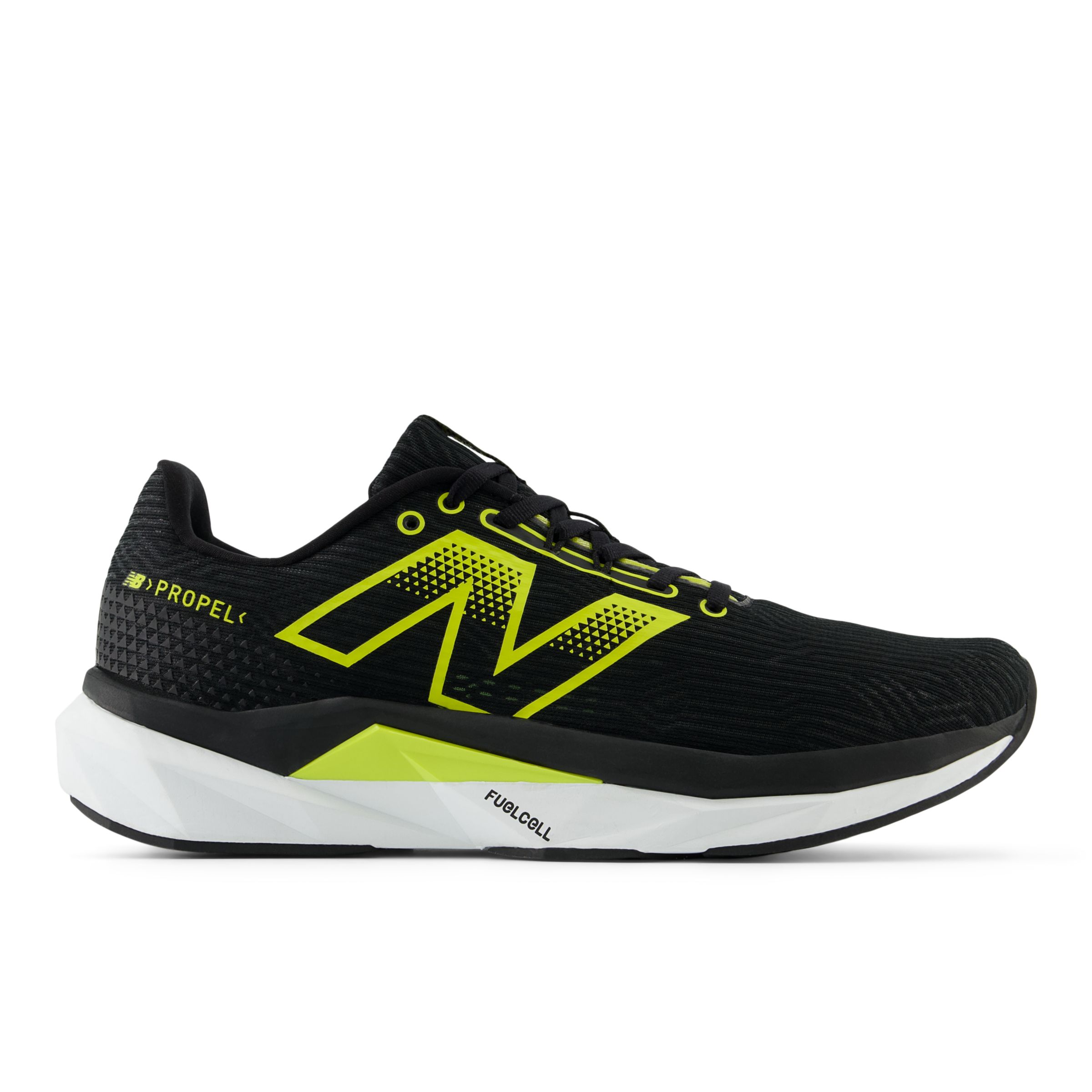 New Balance Men's FuelCell Propel v5 in Black/Green/Grey Synthetic, size 10.5