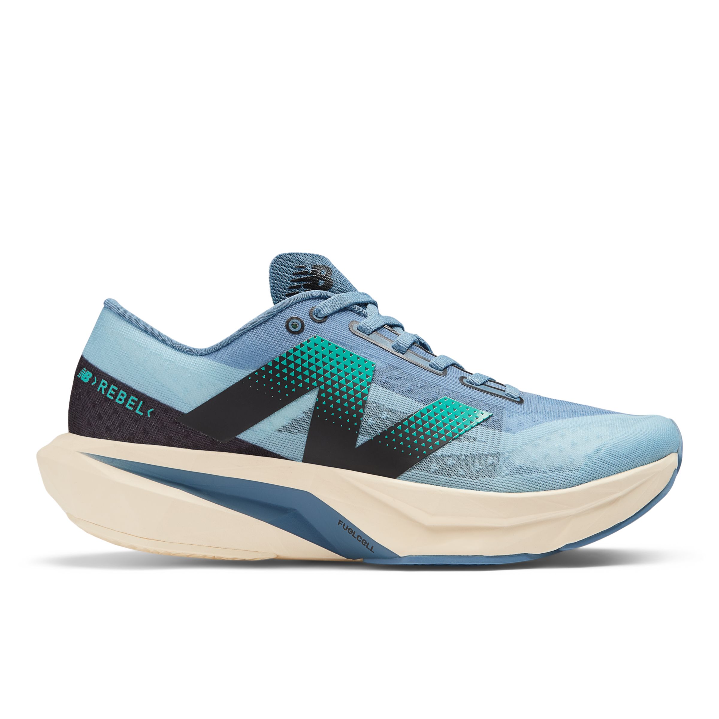 New Balance Men's FuelCell Rebel v4 in Blue/Black/Green Synthetic, size 9.5