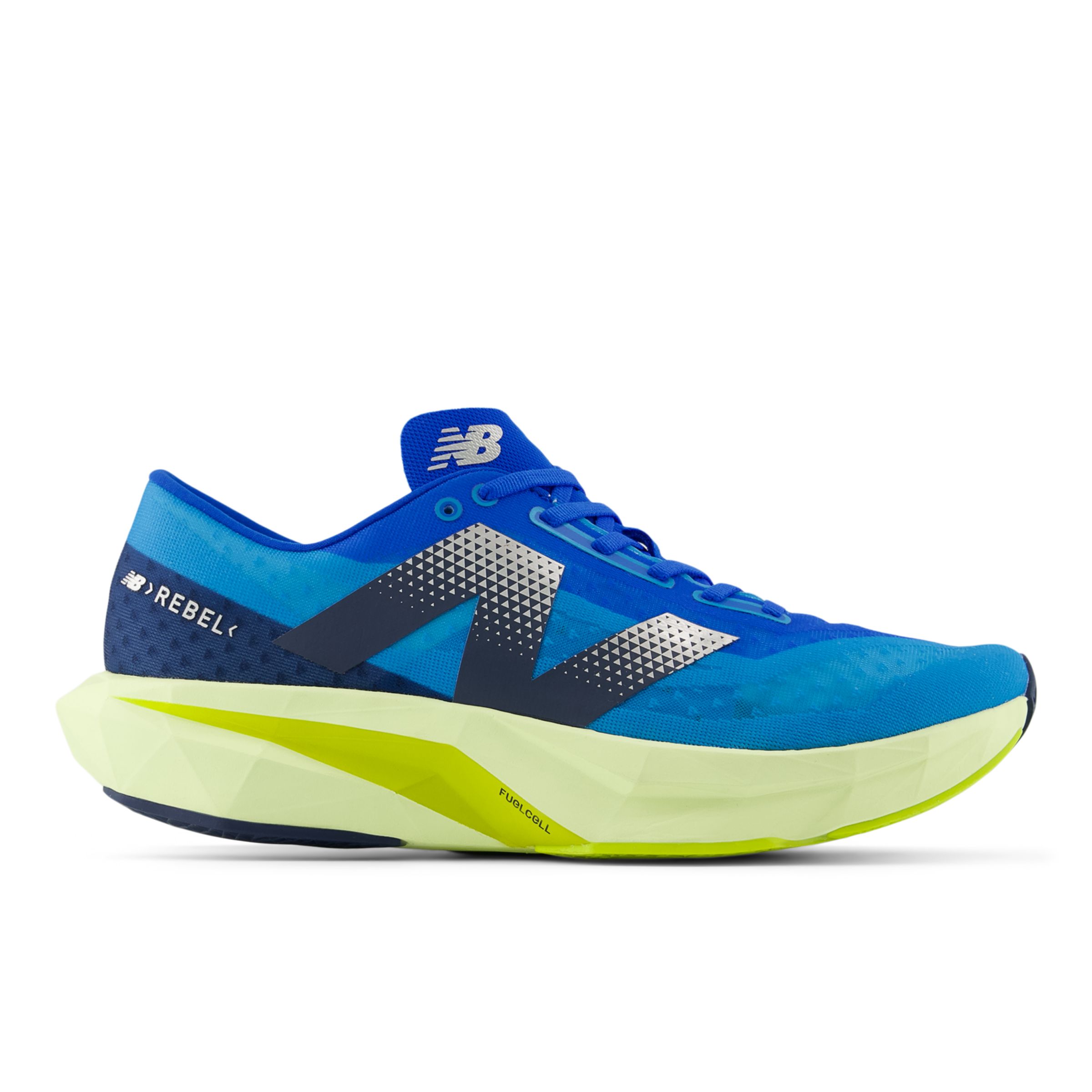 New Balance Men's FuelCell Rebel v4 in Blue/Yellow Synthetic, size 6.5