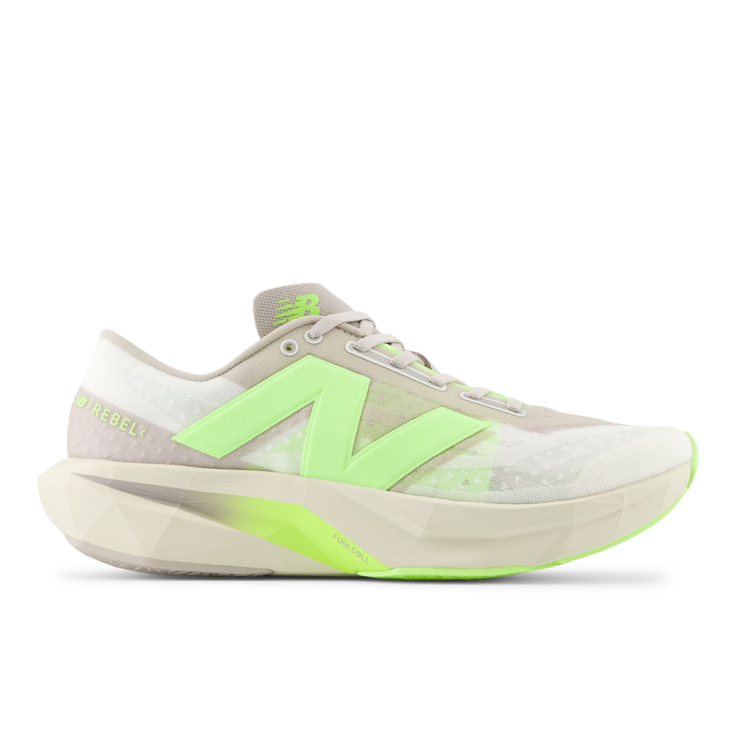 New Balance Men's FuelCell Rebel v4 in Grey/Green/White Synthetic, size 7