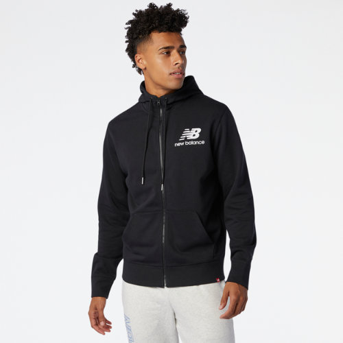 new balance men's nb essentials stacked full zip hoodie in black cotton, size small