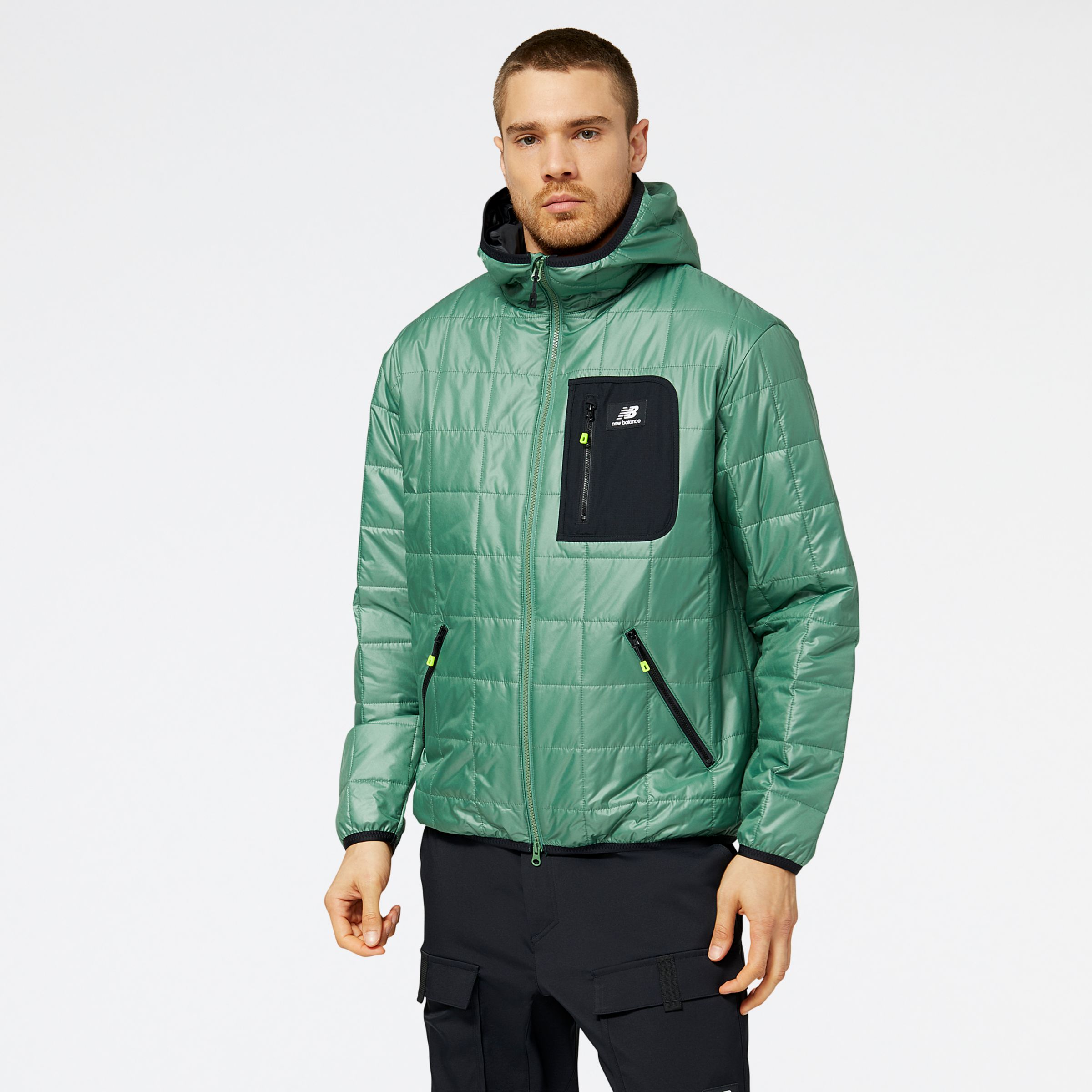 New Balance Homens Jaqueta NB AT Puffer in Verde, Polywoven, Tamanho M