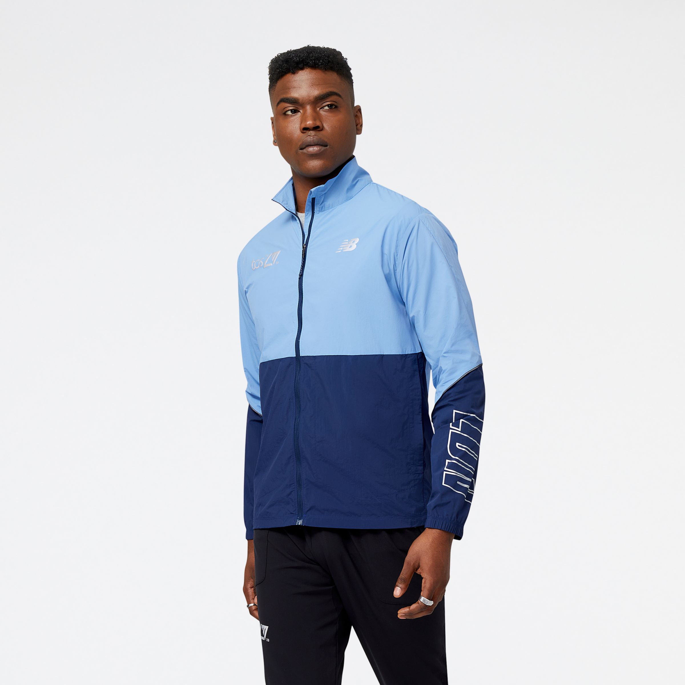 New Balance Homens London Edition Graphic Impact Run Packable Jacket in Azul, Polywoven, Tamanho S