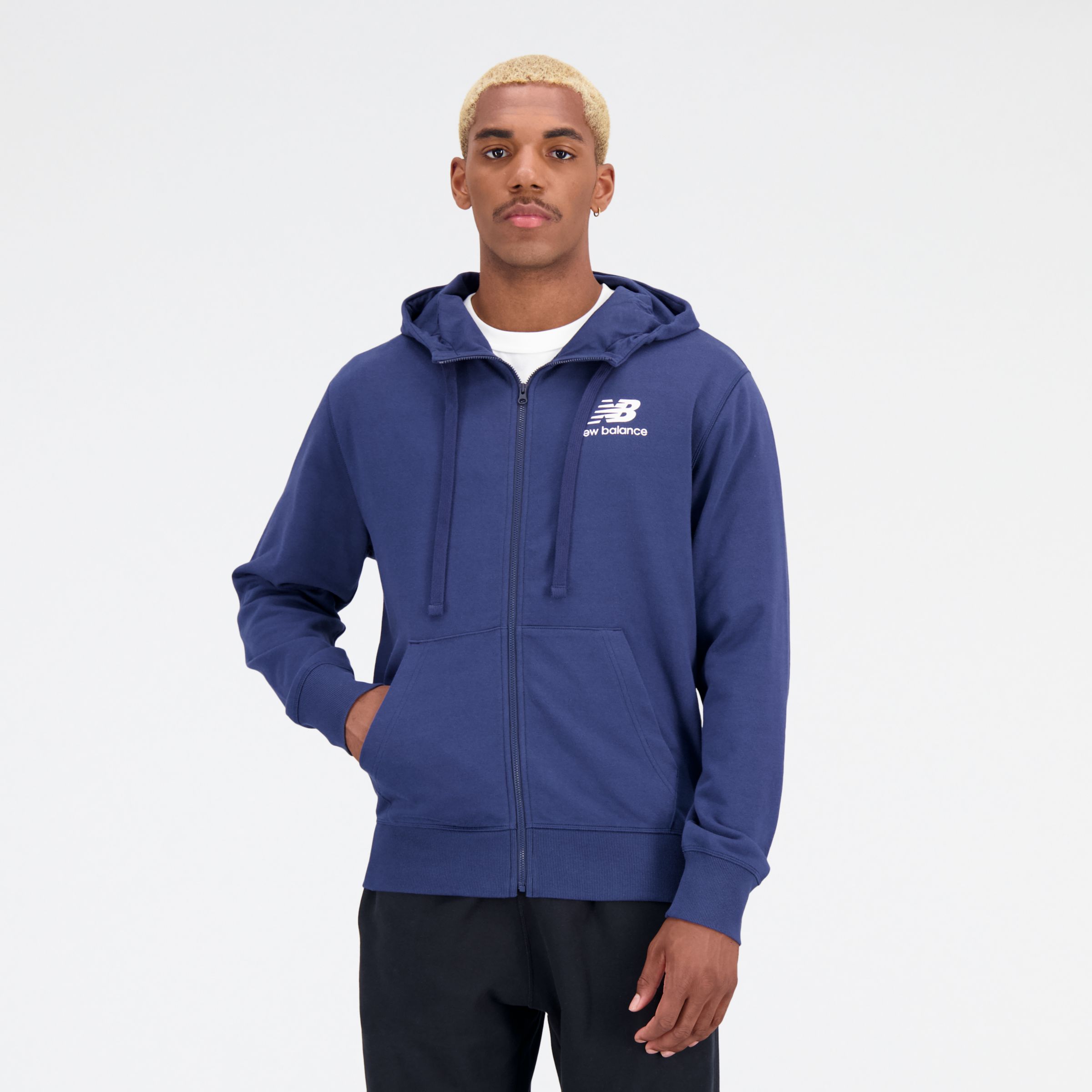 New Balance Homens Jaqueta Essentials Stacked Logo French Terry in Azul, Cotton Fleece, Tamanho L