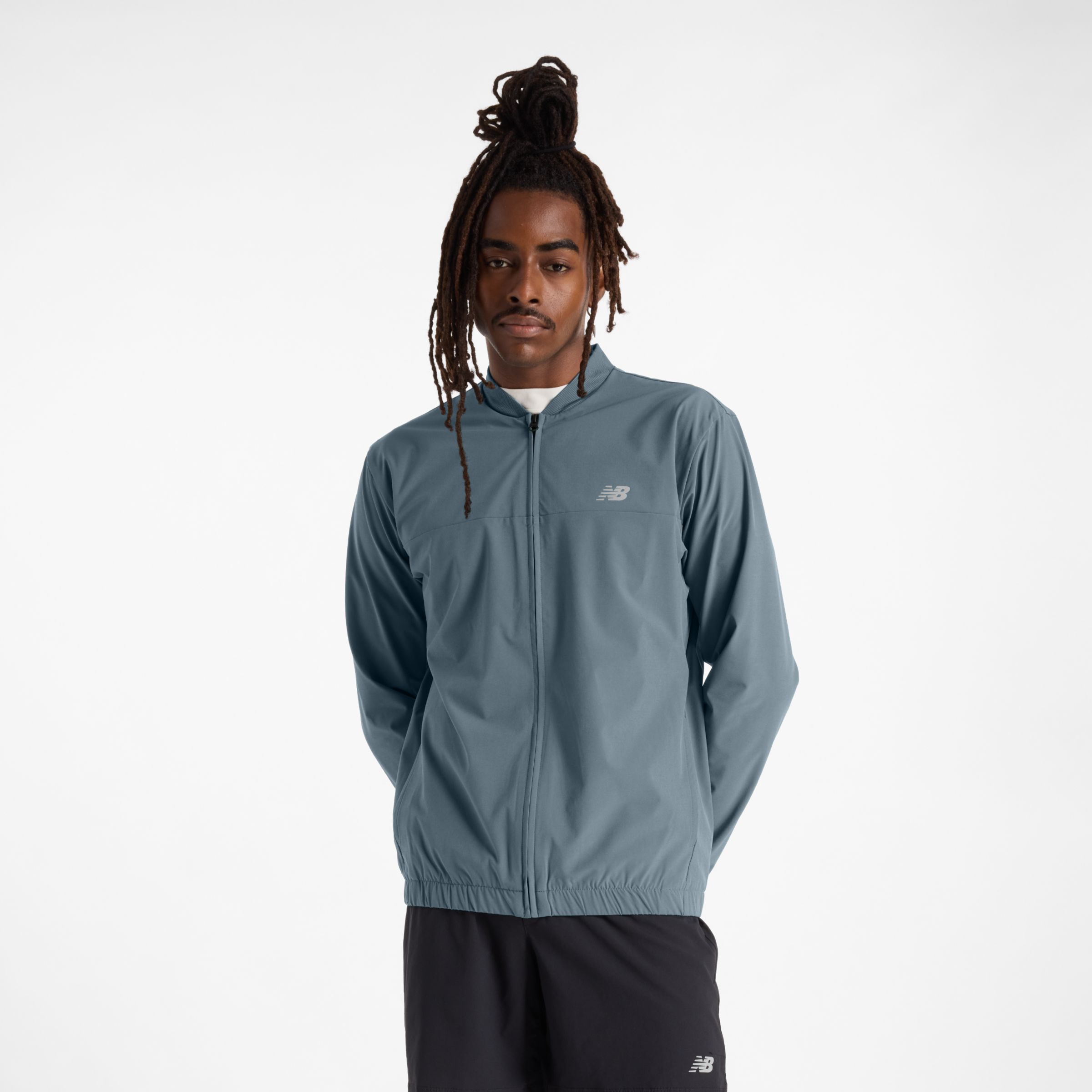 New Balance Men's Stretch Bomber Jacket in Grey Polywoven, size Small