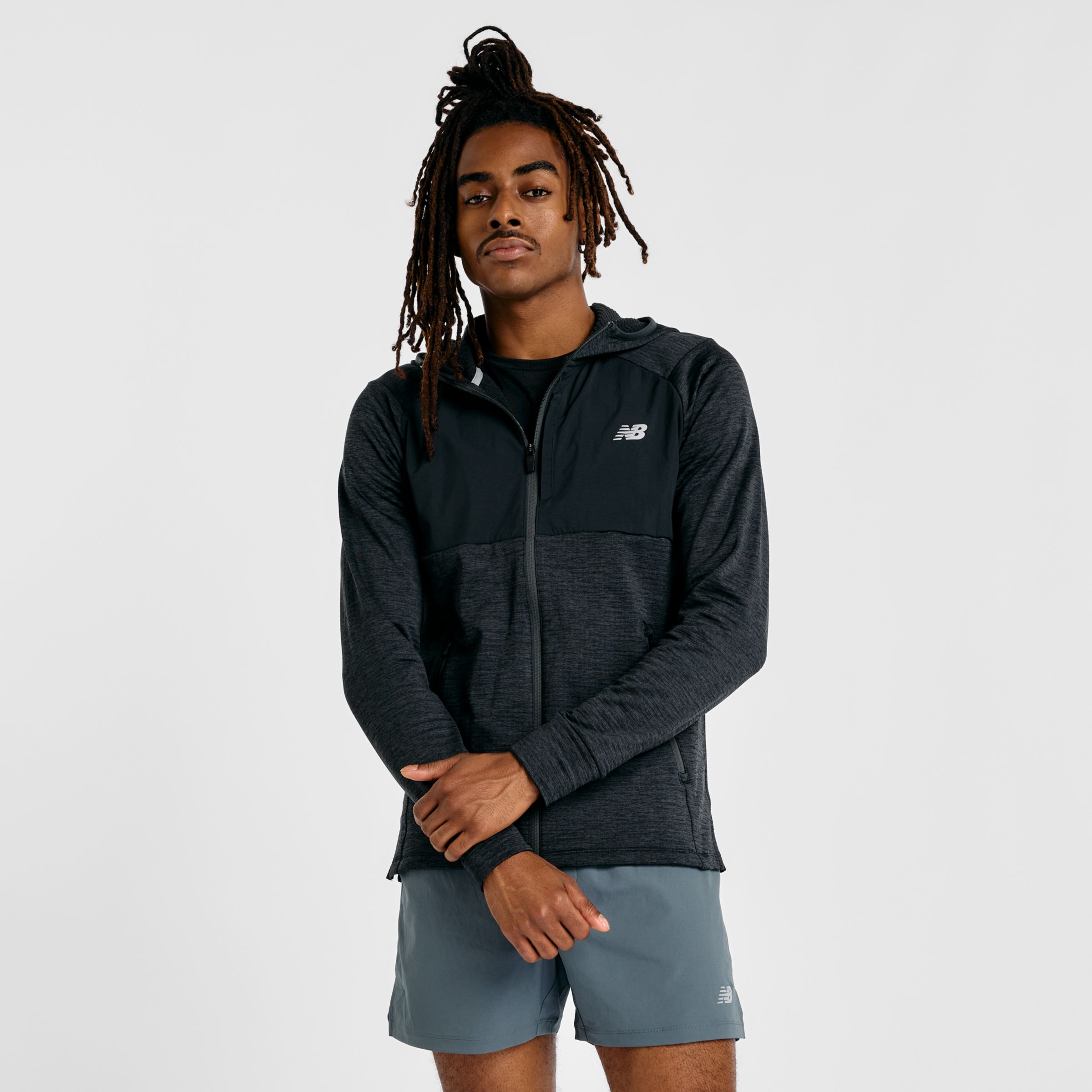 New Balance Men's Heat Grid Hooded Full Zip in Black Poly Knit, size Medium