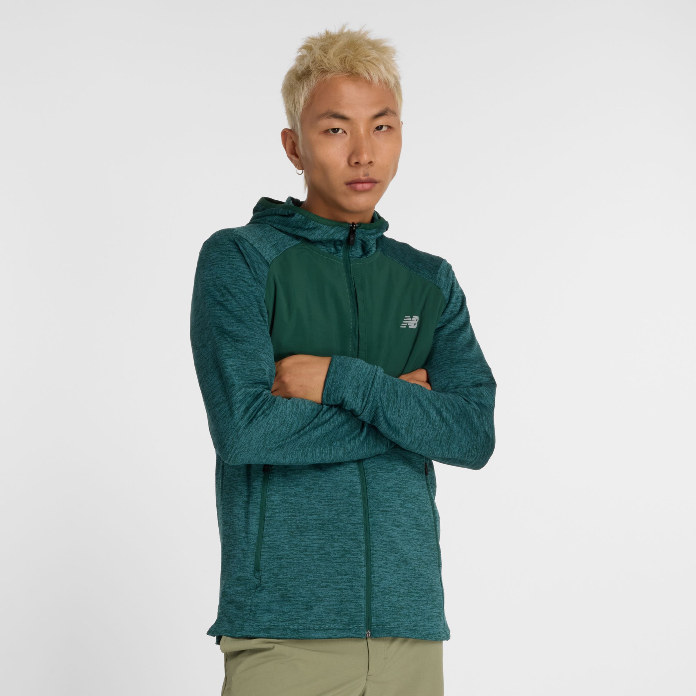 New Balance Men's Heat Grid Hooded Full Zip in Green Poly Knit, size Large