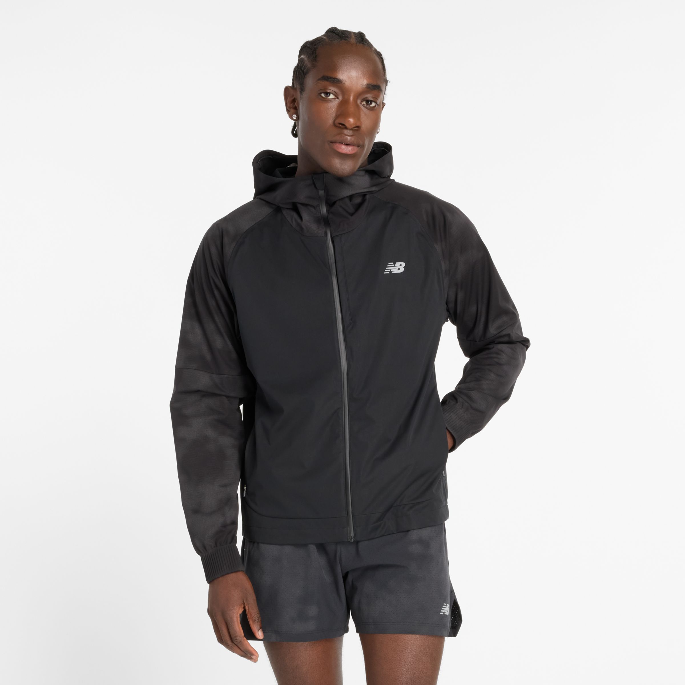 New Balance Men's Seasonal Premium Jacket Print in Black Polywoven, size Small