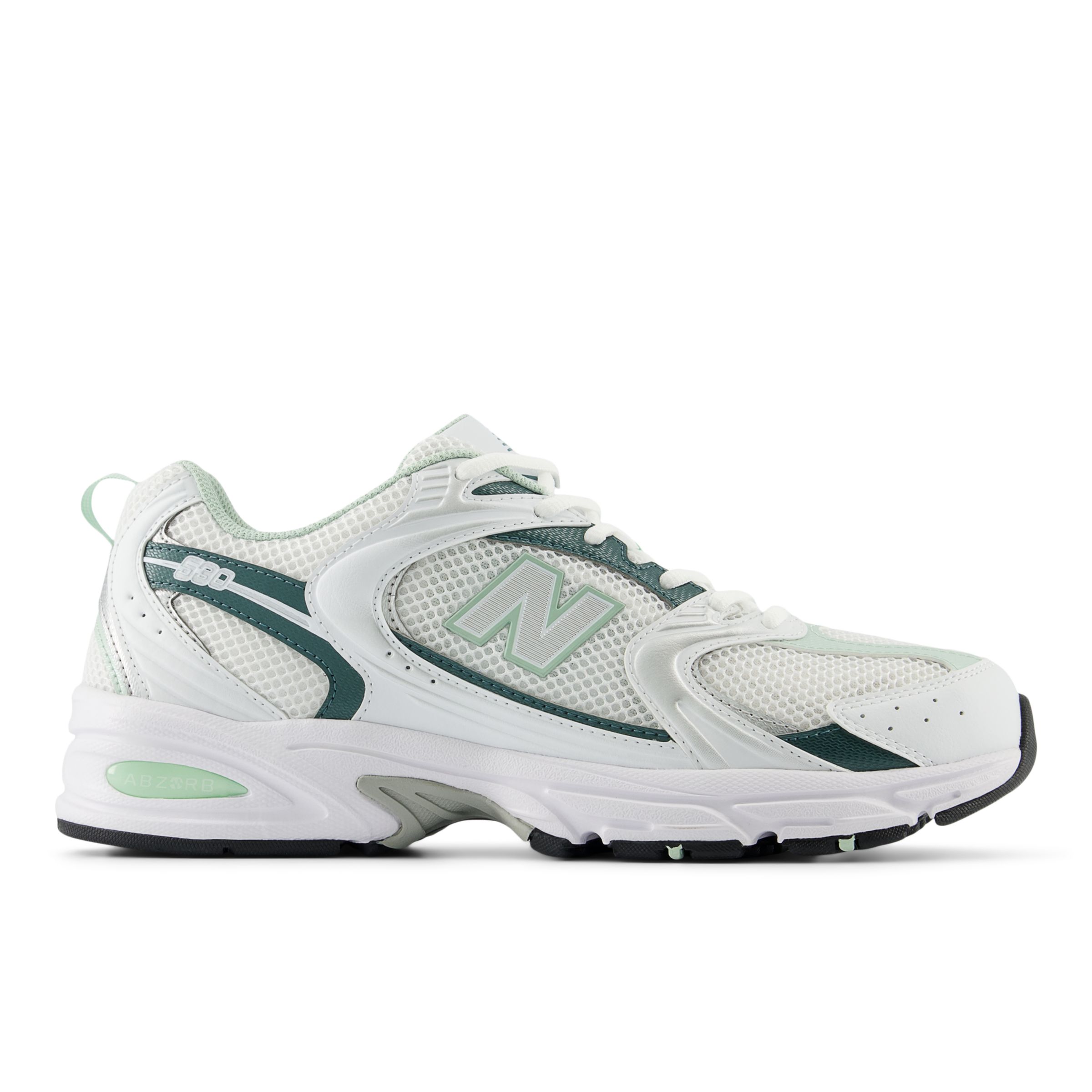 New Balance Unisex 530 in White/Green Synthetic, size 7