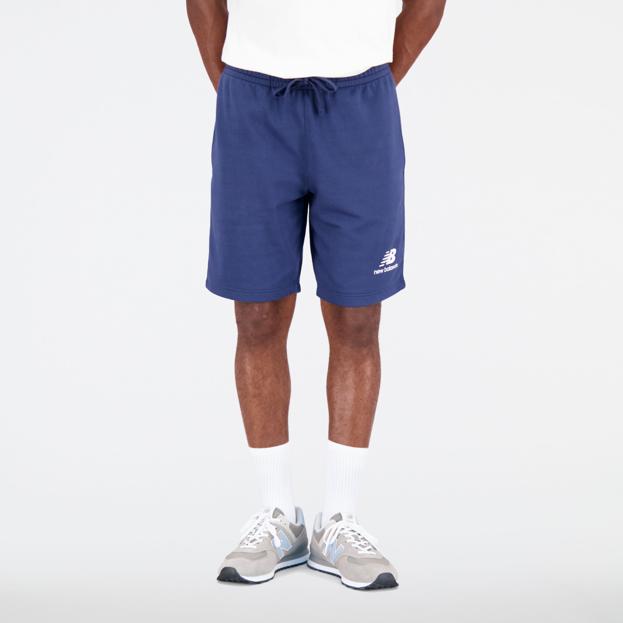 New Balance Homens Cal??es Essentials Stacked Logo French Terry in Azul, Cotton Fleece, Tamanho XL
