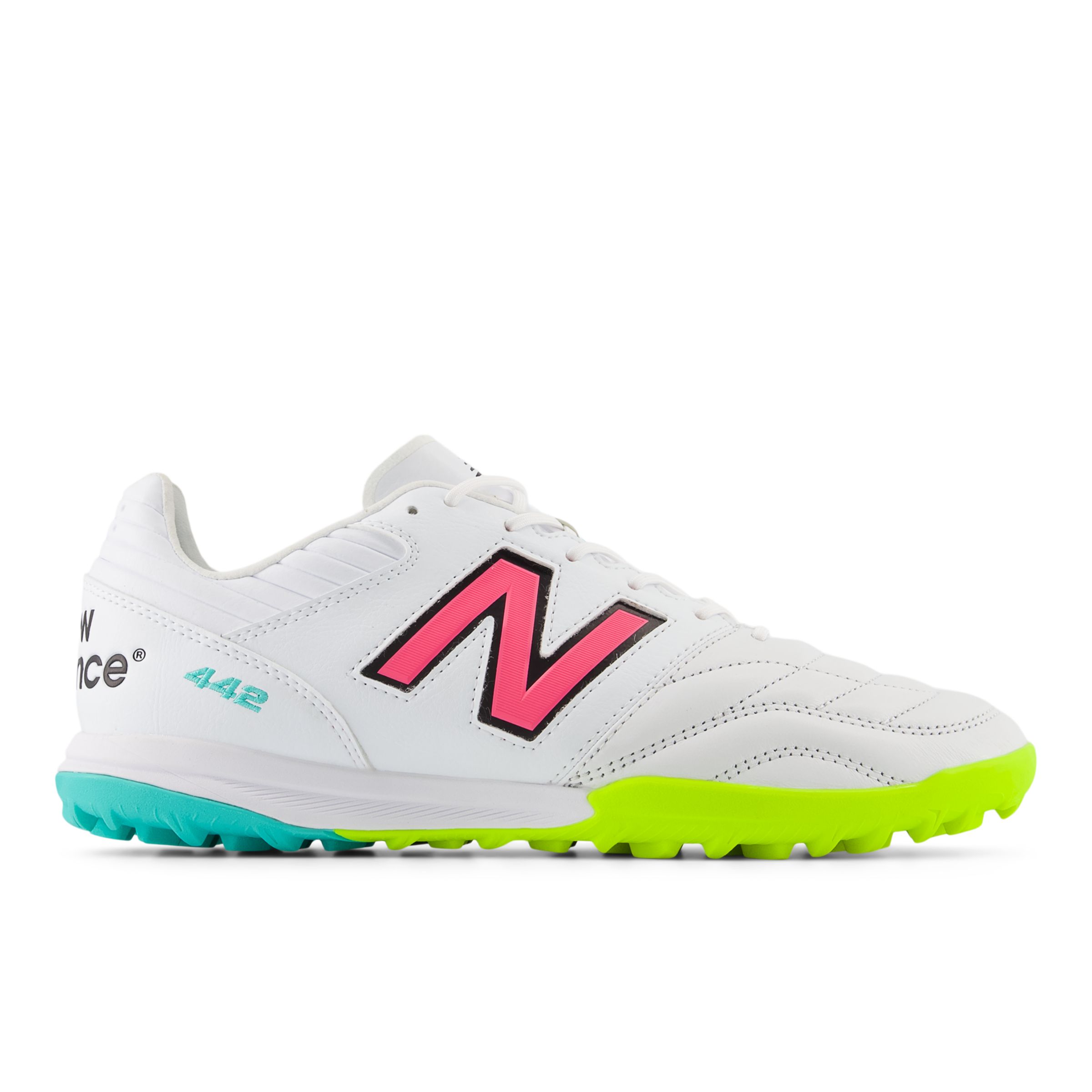 New Balance Men's 442 PRO TF V2 in White/Yellow/Pink/Black Leather, size 9