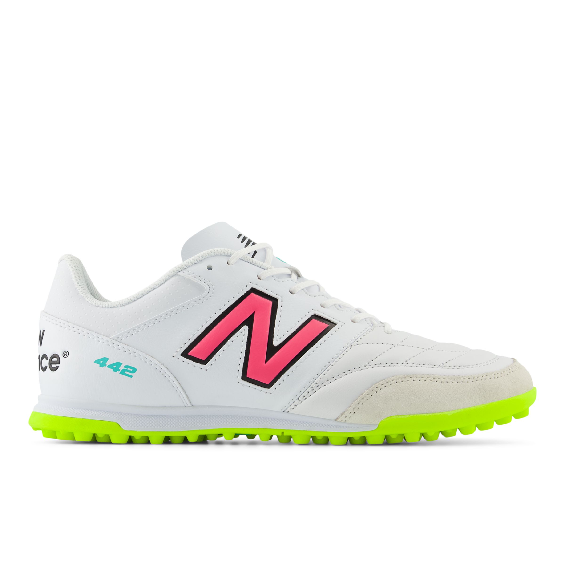 New Balance Men's 442 V2 TEAM TF in White/Yellow/Pink/Black Synthetic, size 8.5