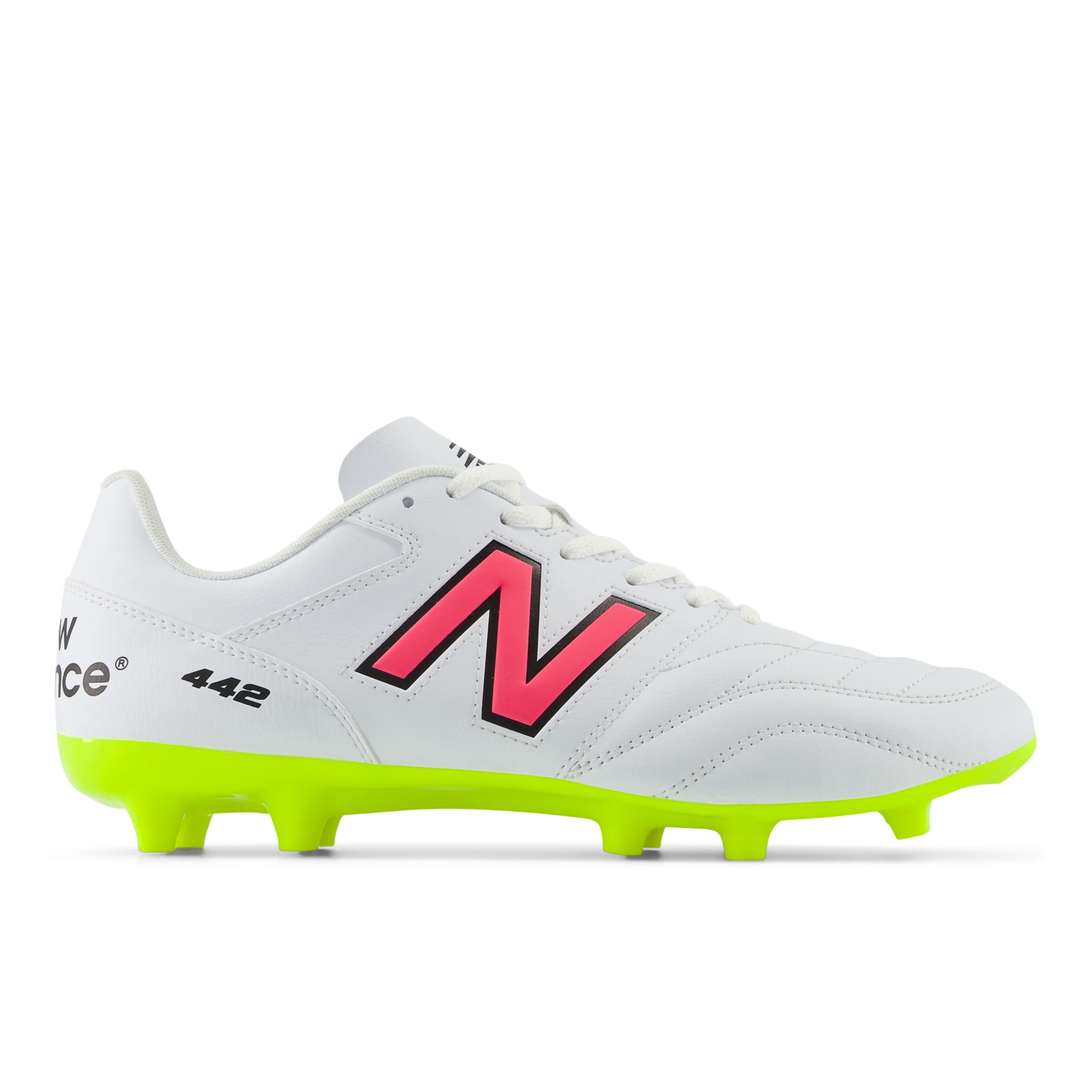 New Balance Men's 442 ACADEMY FG V2 in White/Yellow/Black/Pink Synthetic, size 9.5