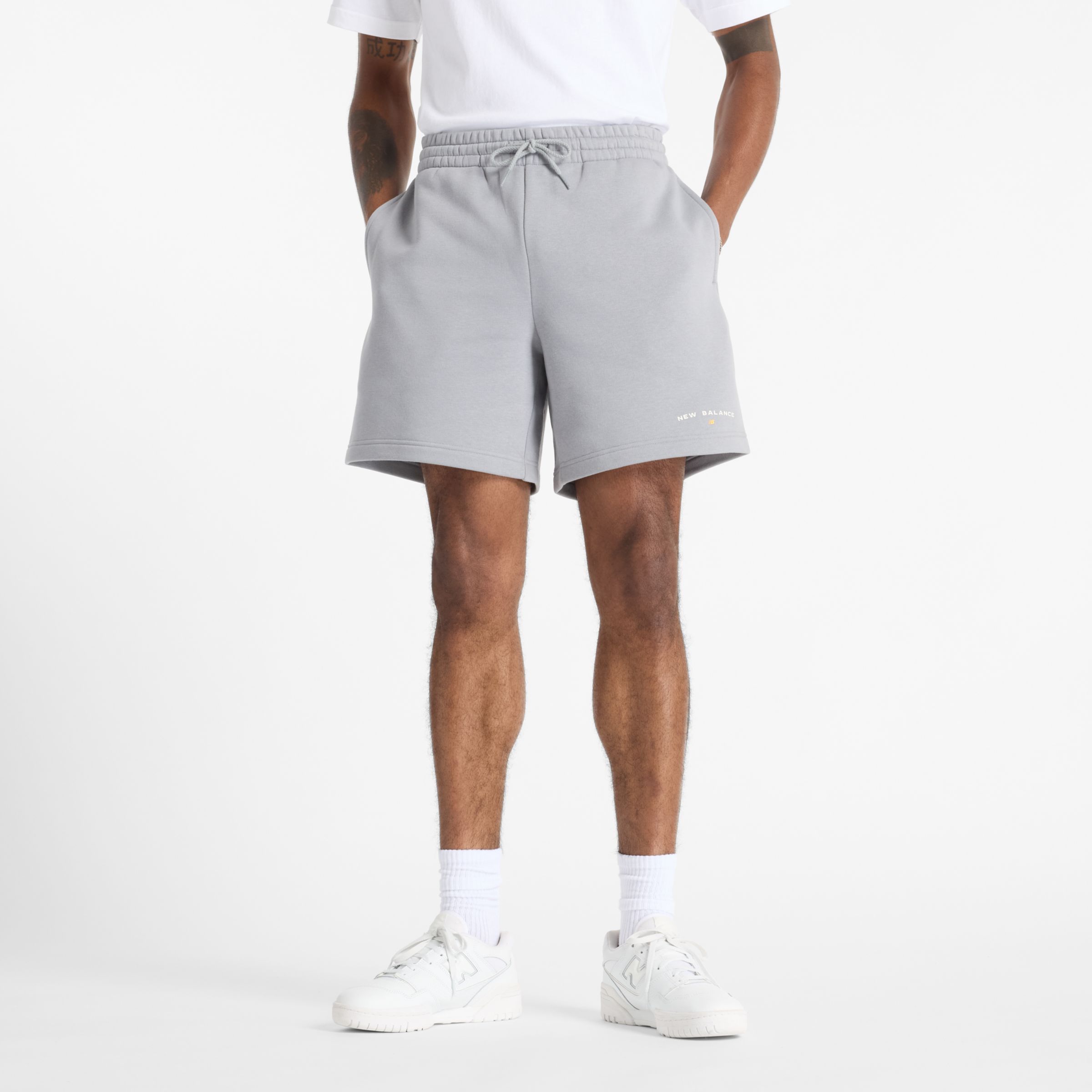 New Balance Men's Reimagined Fleece Graphic Short 7" in Grey Cotton, size X-Large