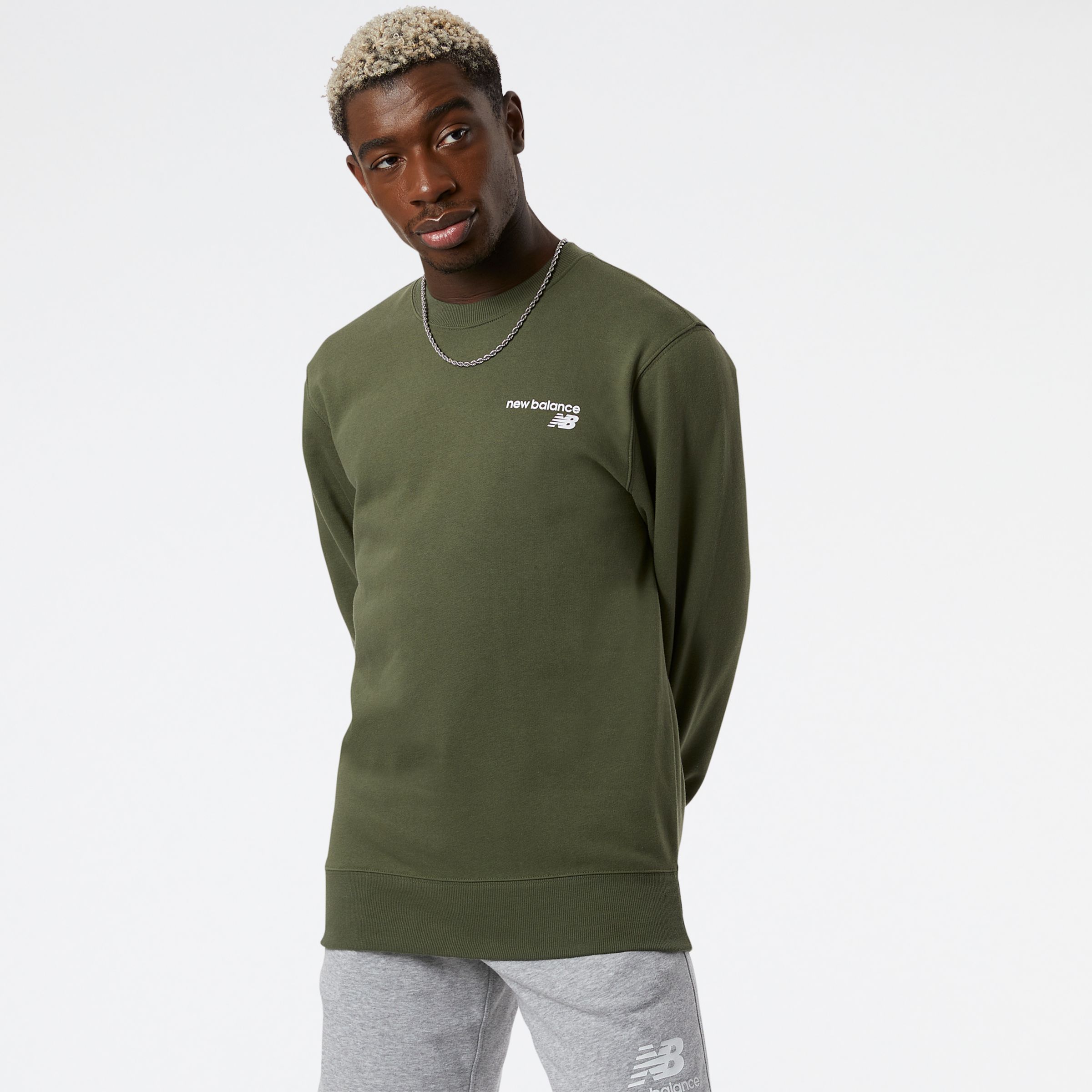 New Balance Men's NB Classic Core Fleece Crew in Green Cotton, size X-Small