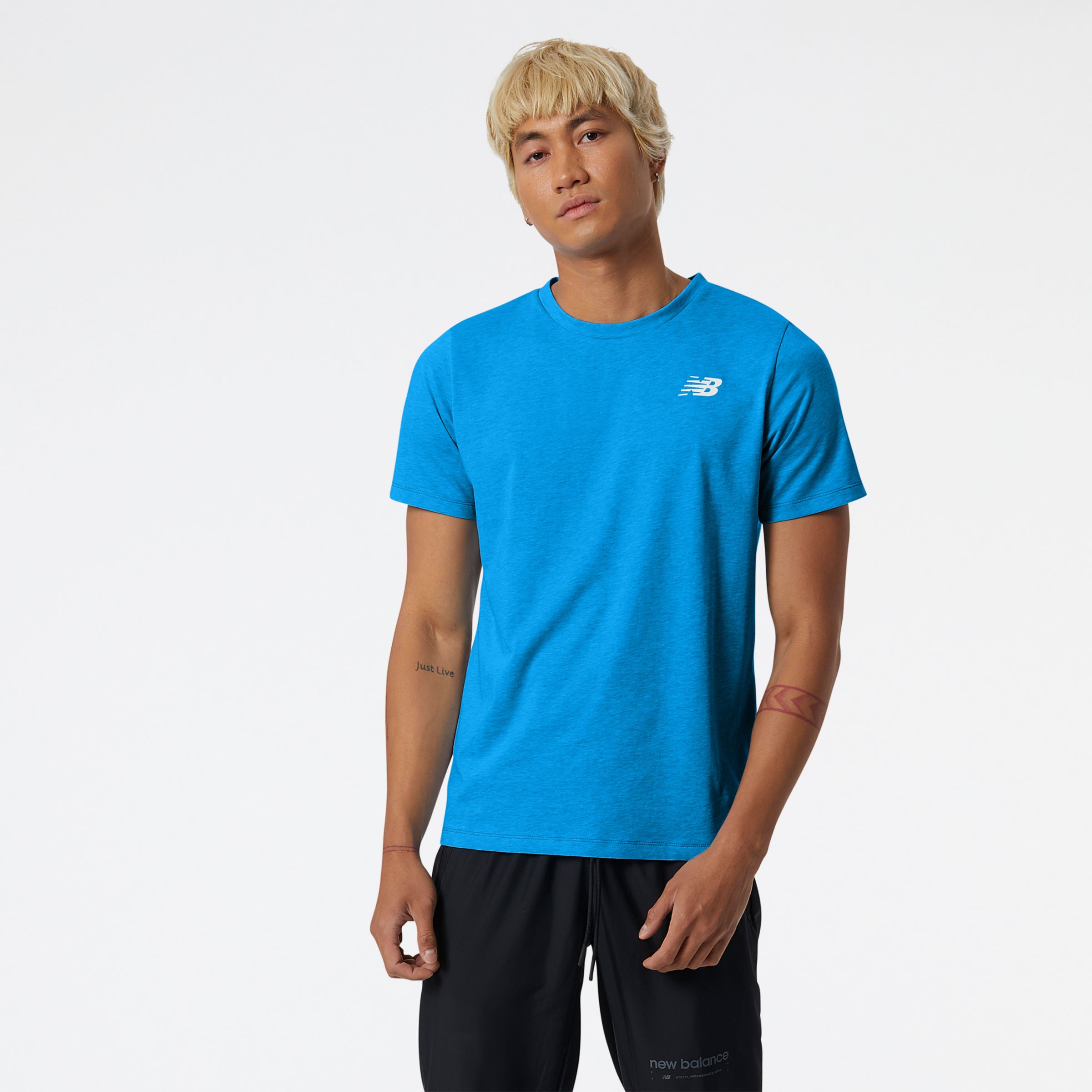 New Balance Homme T-Shirt Heathertech en Blue/Bleu, Poly Knit, Taille S