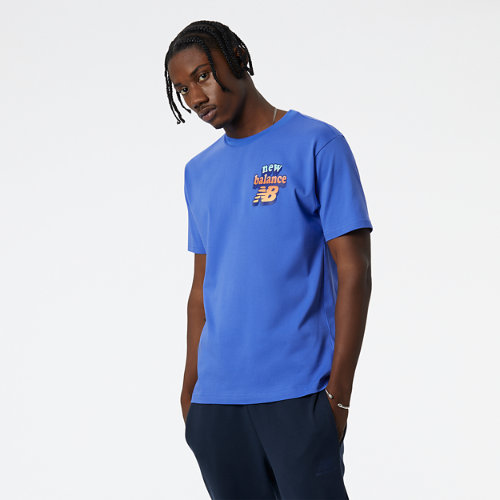 new balance men's nb athletics day tripper graphic tee in blue cotton, size large