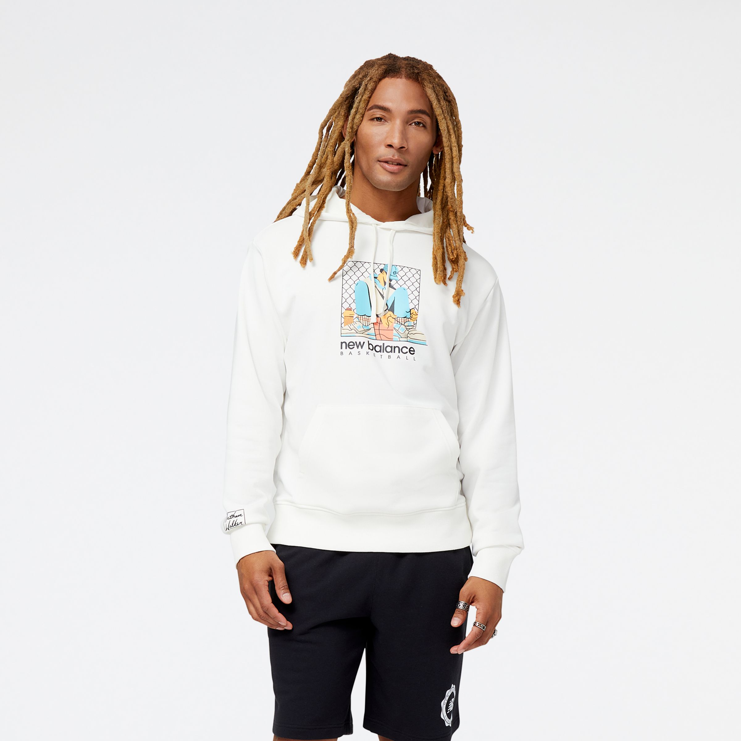 New Balance Homens Hoops French Terry Hoodie in Branca, Poly Knit, Tamanho M