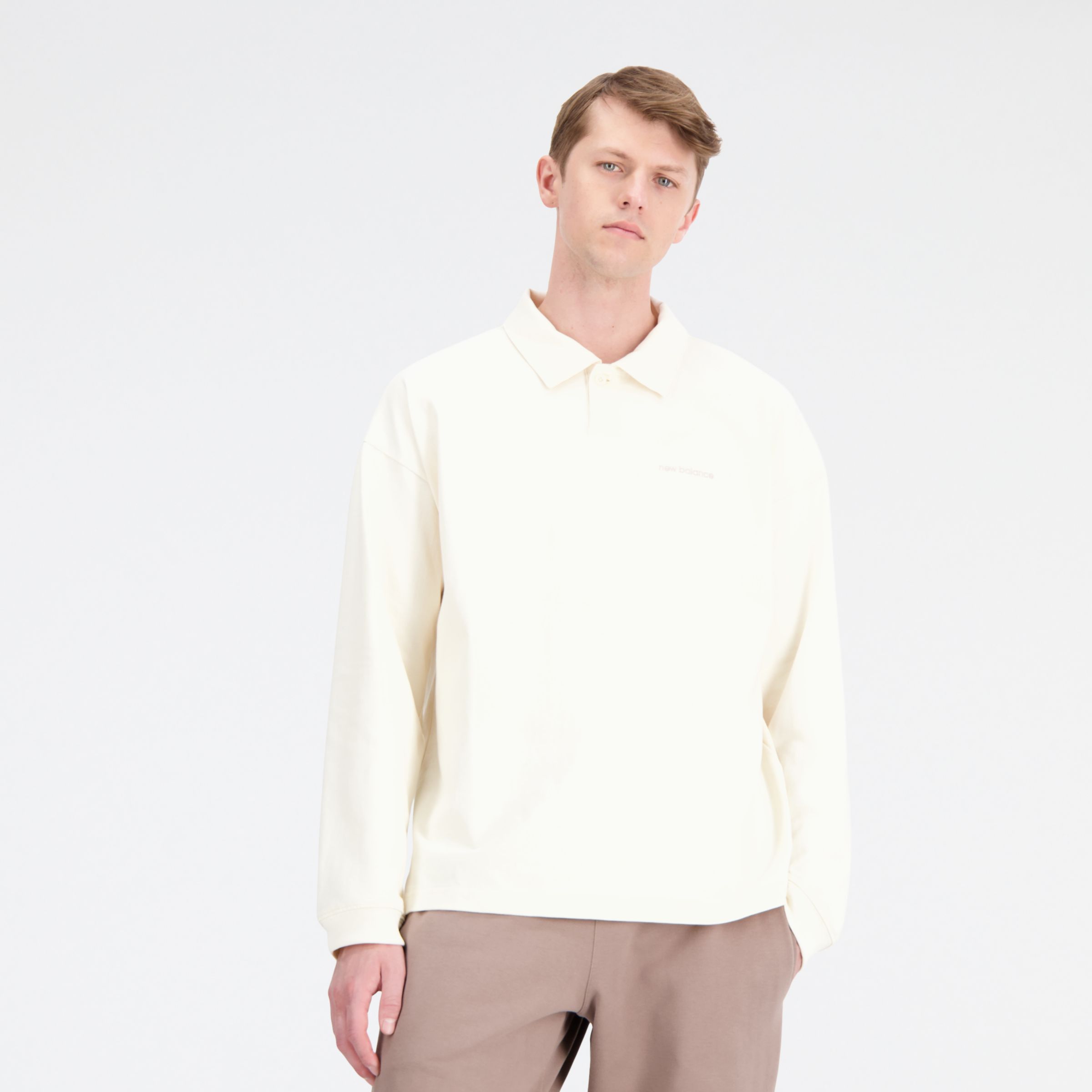 New Balance Men's Athletics Linear Longsleeve Polo in Beige Cotton, size Large