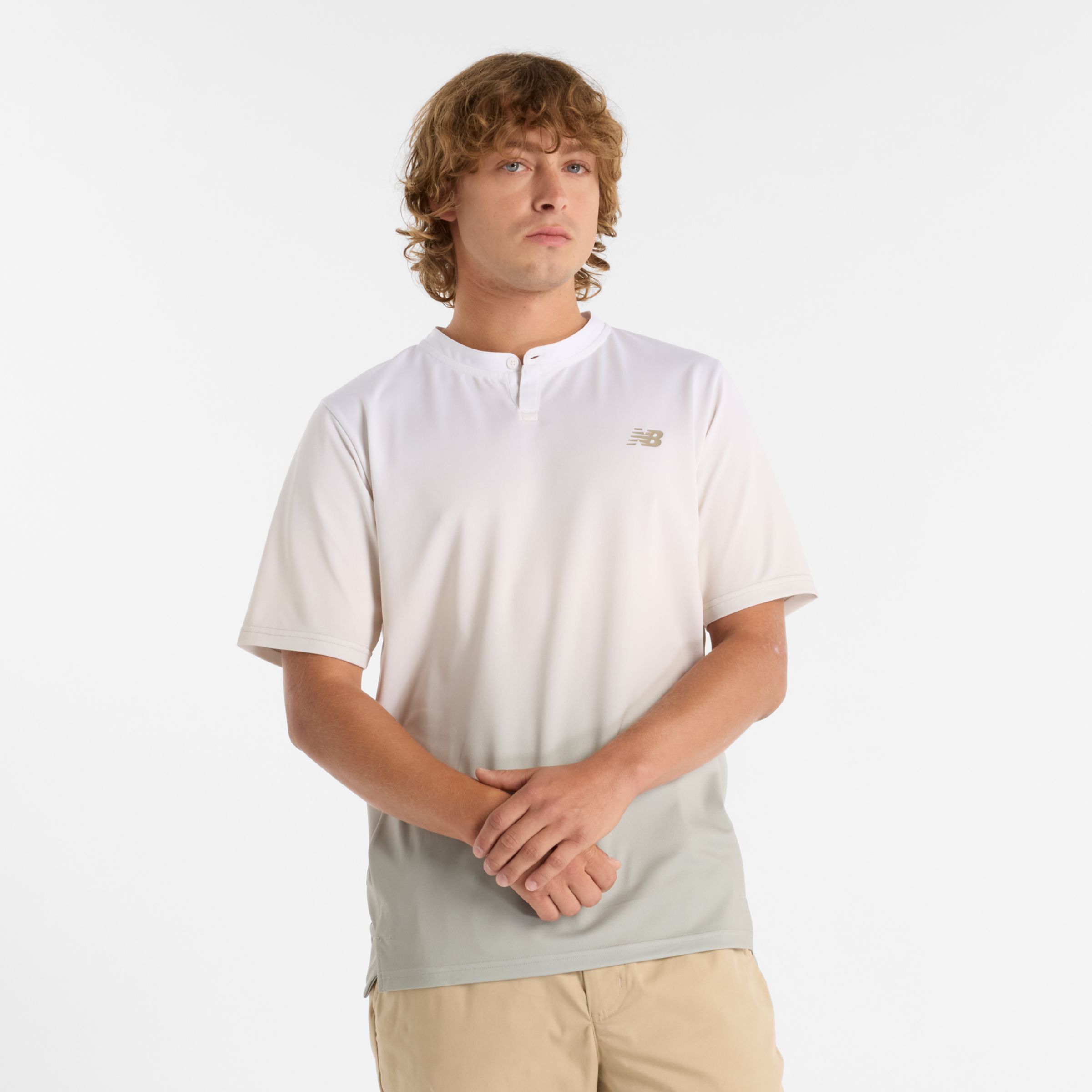 New Balance Uomo Printed Tournament Top in Beige, Maglia di poliestere, Taglia L