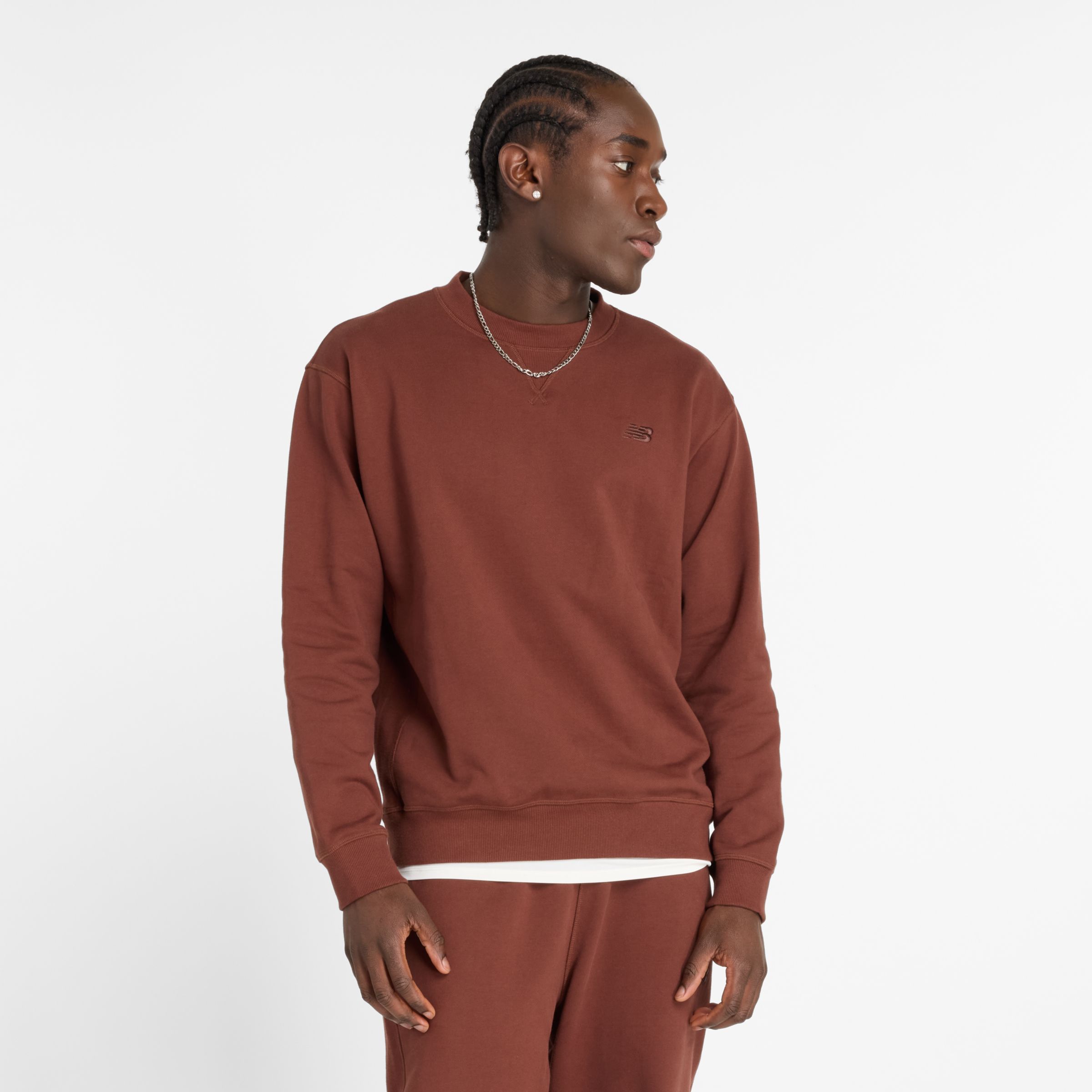 New Balance Men's Athletics French Terry Crew in Brown Cotton, size Large
