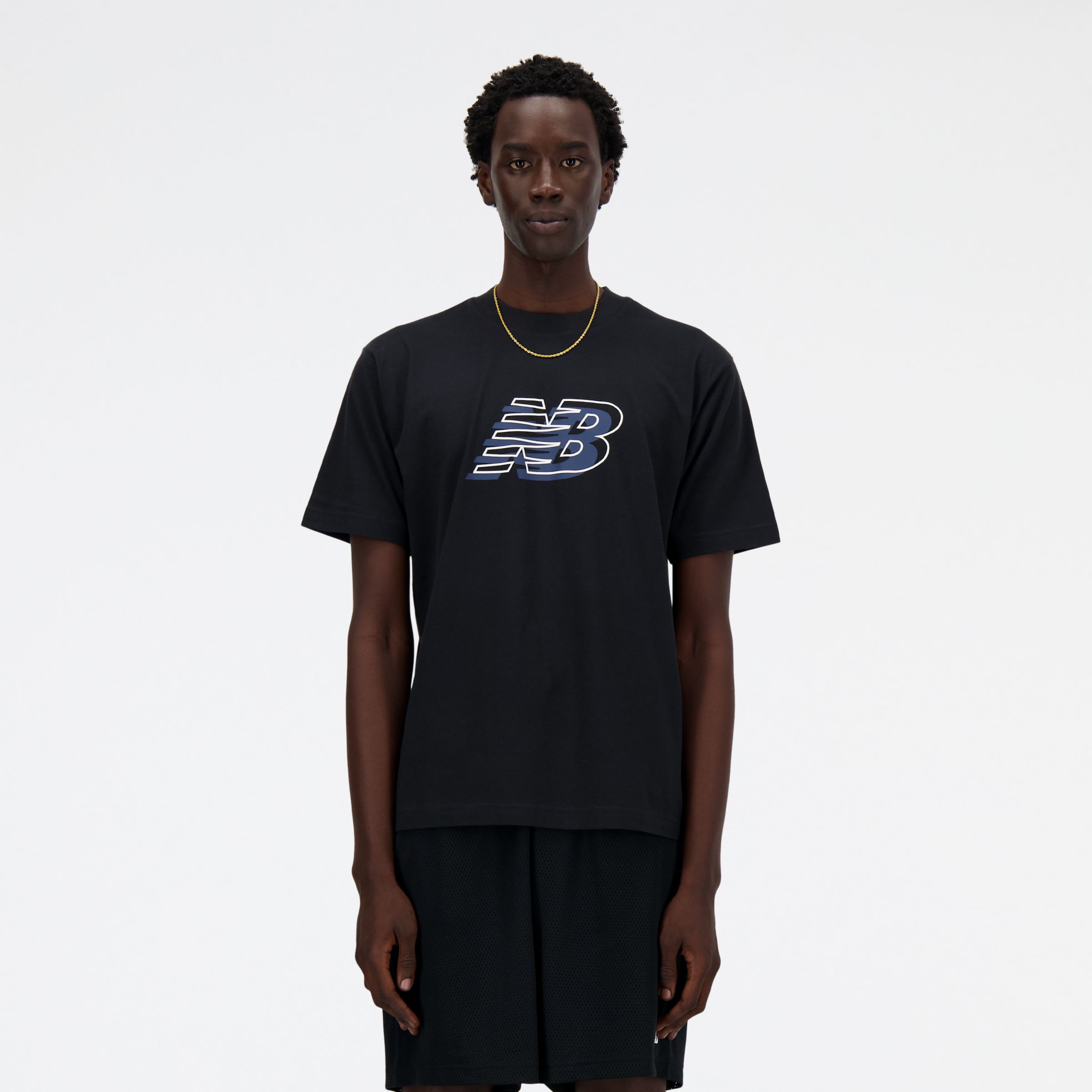 white blue and black graphic tee