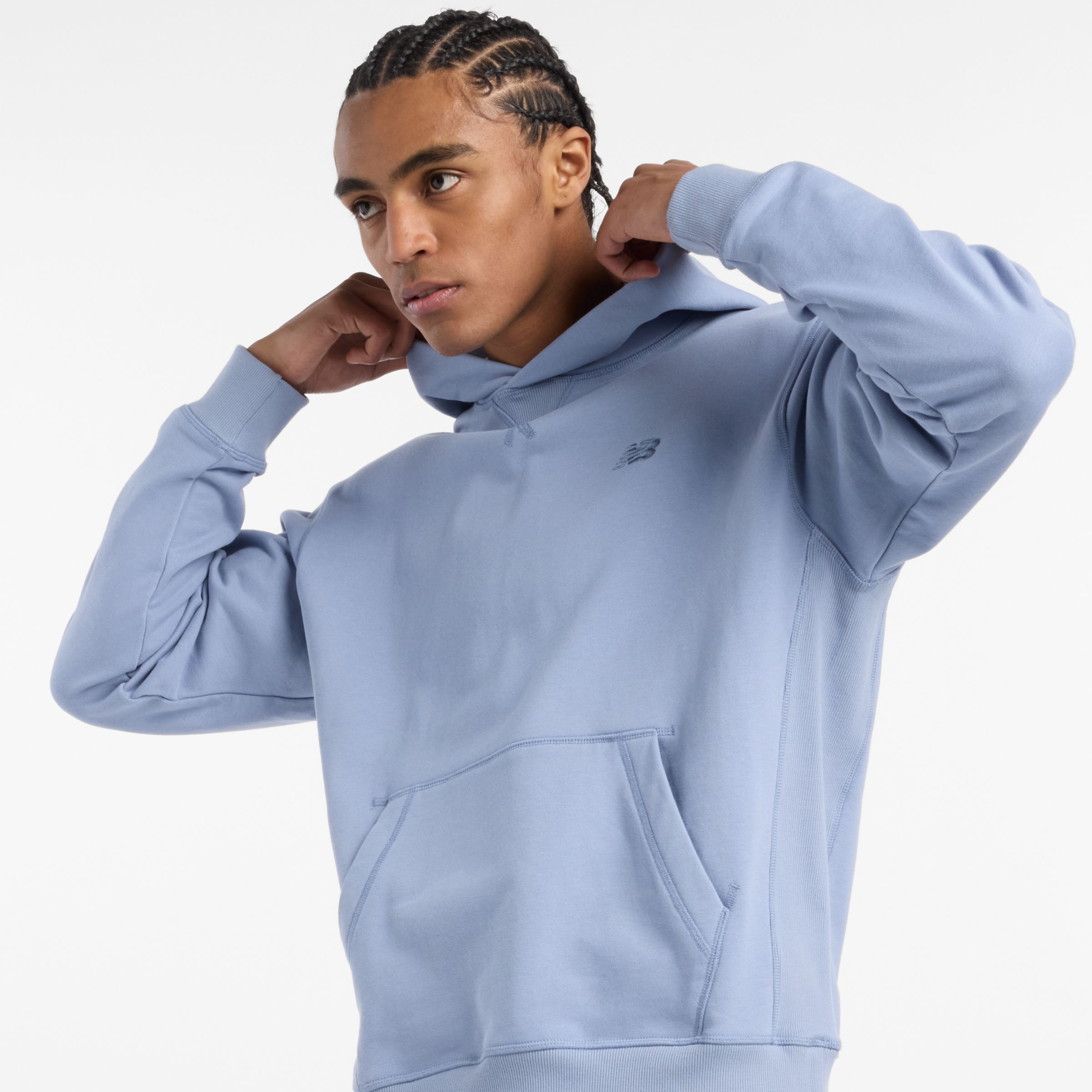 New Balance Men's Athletics French Terry Hoodie in Blue Cotton Fleece, size Medium