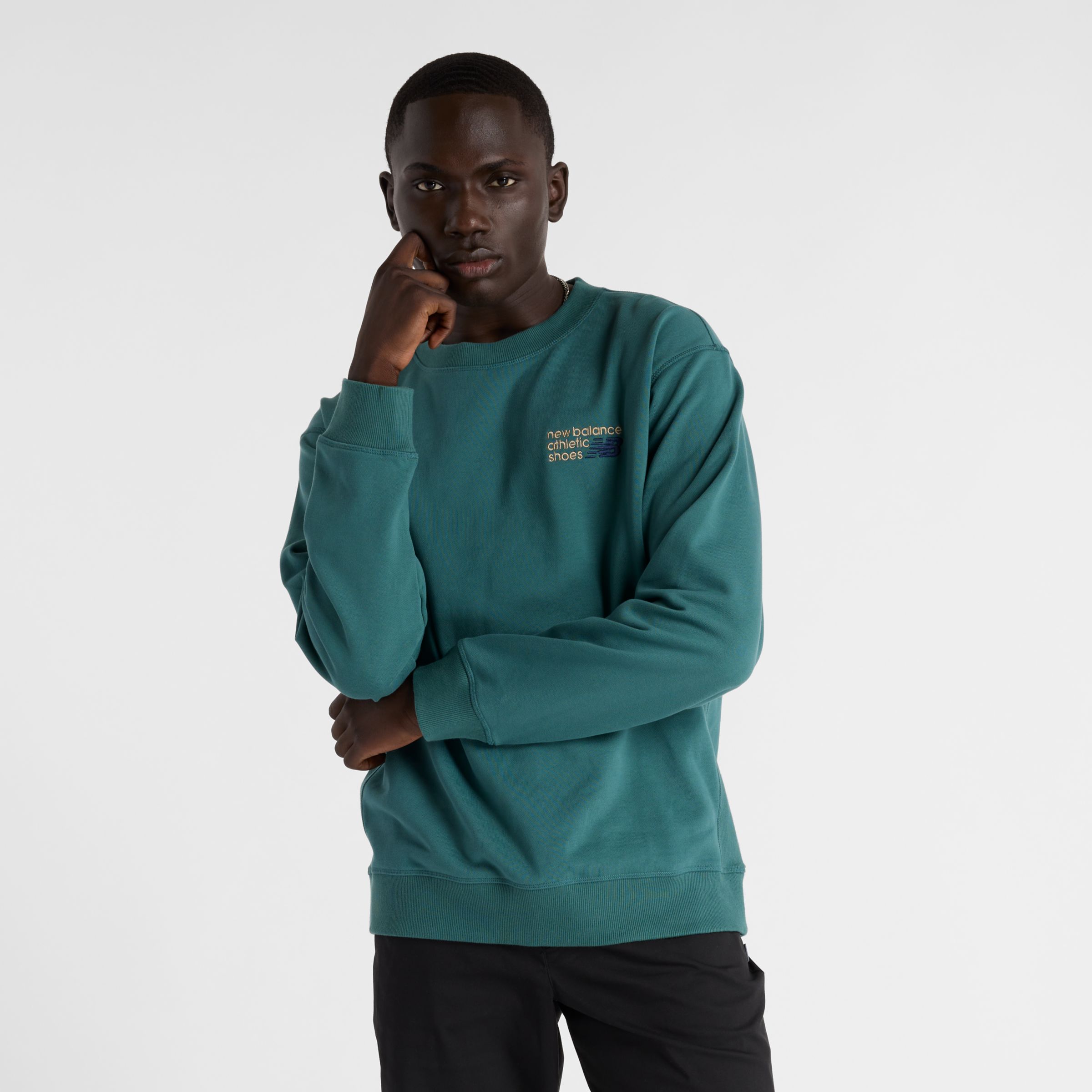 New Balance Homme Athletics Premium Logo Crew en Vert, Coton Fleece, Taille L