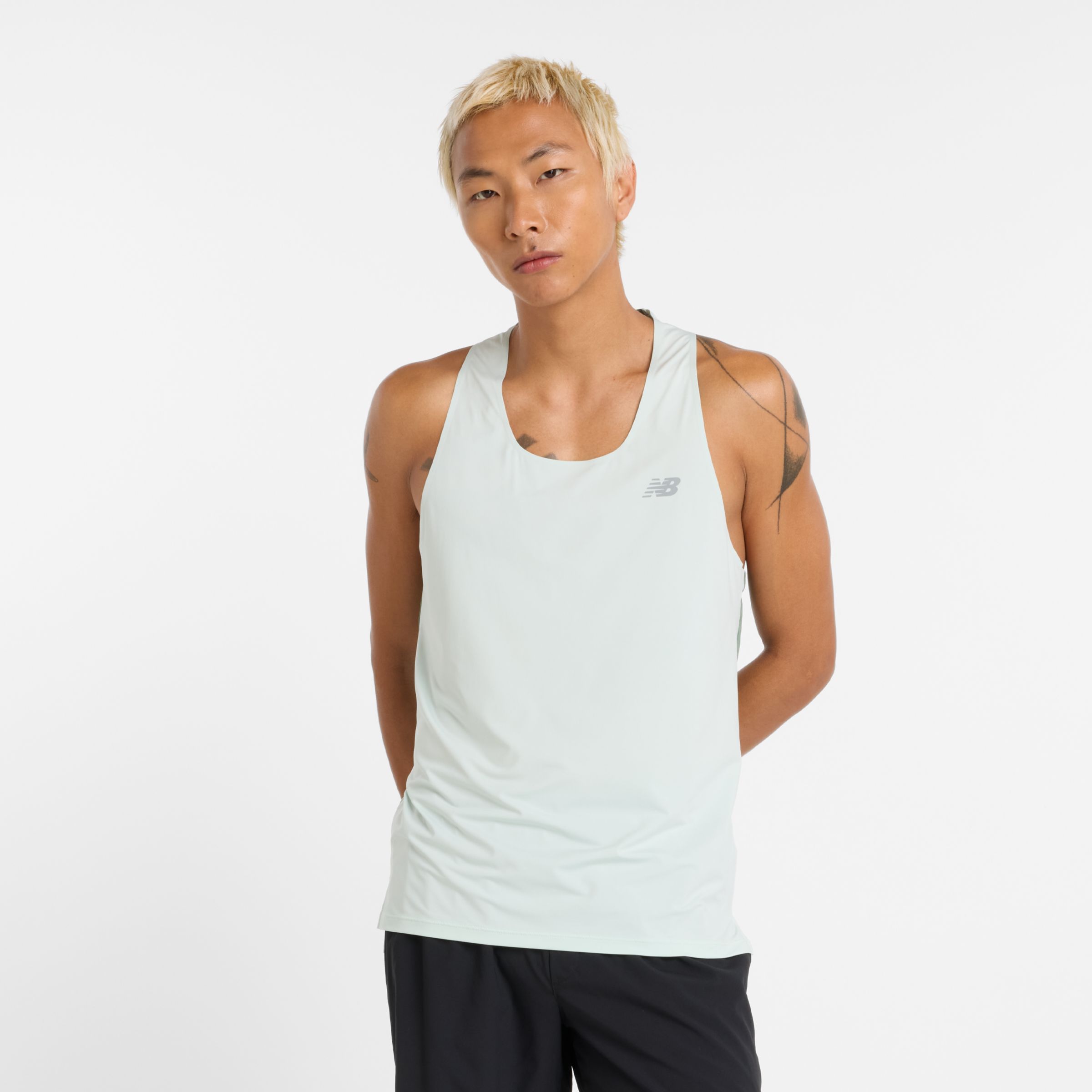 New Balance Men's Race Day Tank in Green Poly Knit, size Large