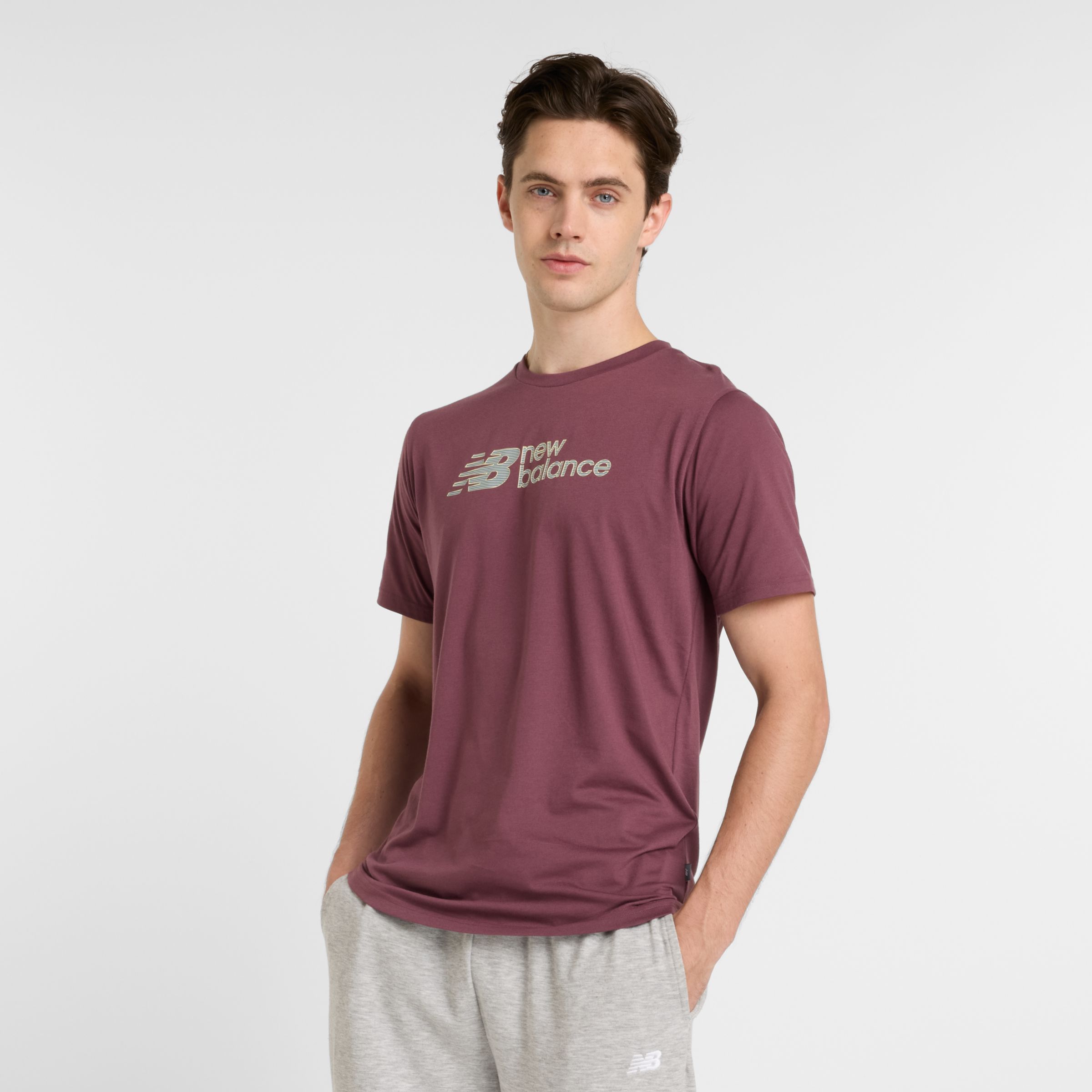 New Balance Homme Heathertech Linear T-Shirt en Mauve, Poly Knit, Taille XS