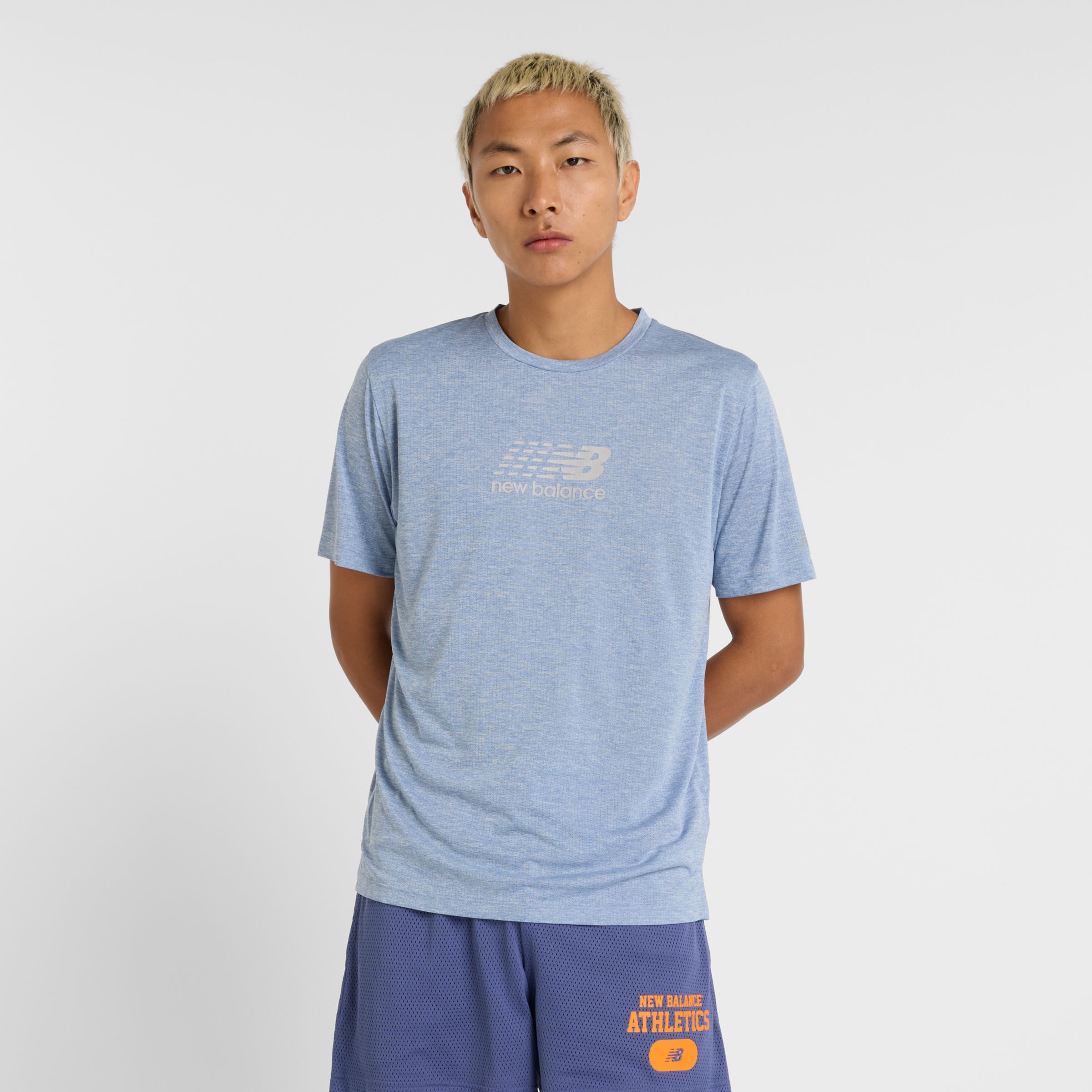 New Balance Men's Athletics Reflective Graphic T-Shirt in Blue Poly Knit, size Medium