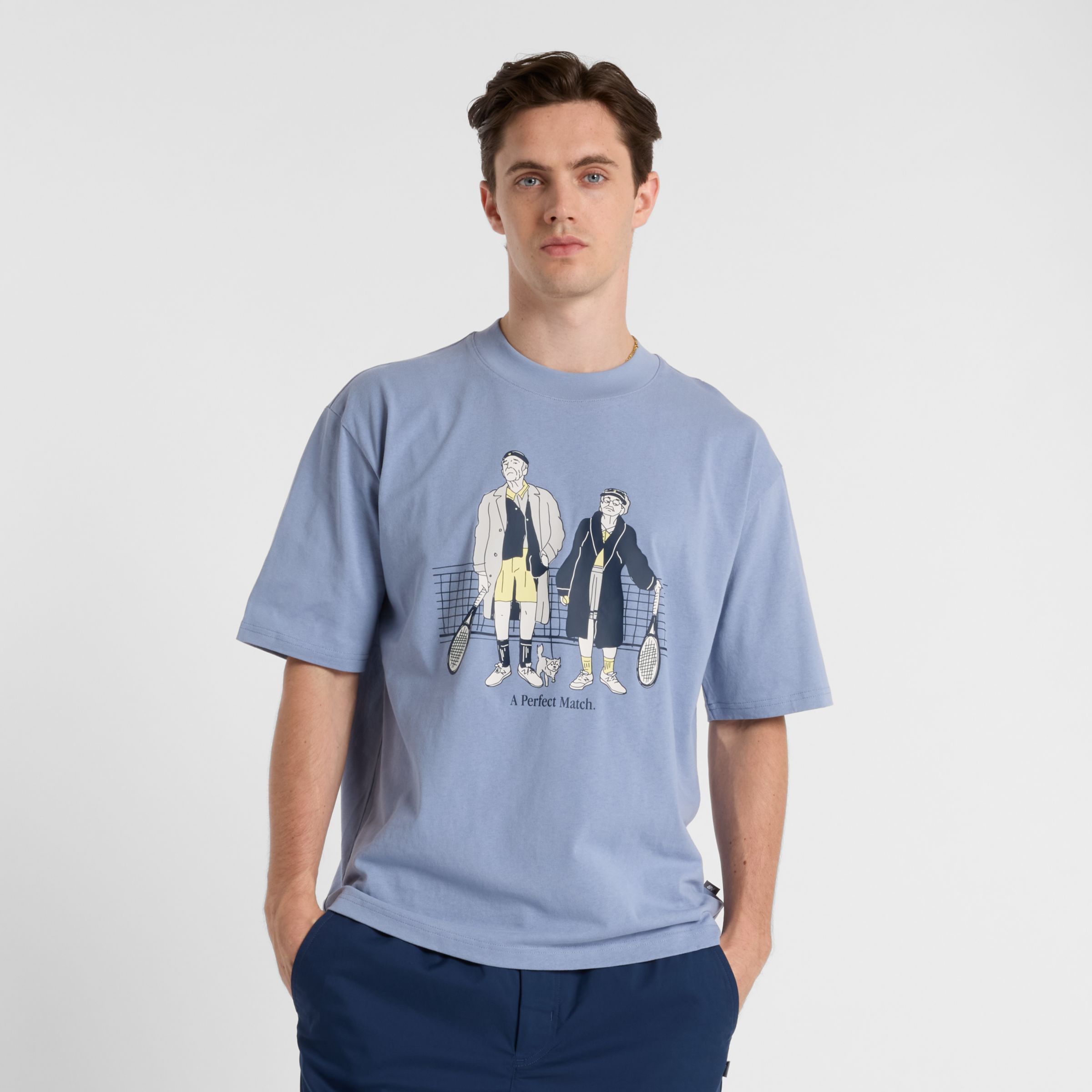 New Balance Men's A Perfect Match Tennis T Shirt in Blue Cotton Jersey, size Large