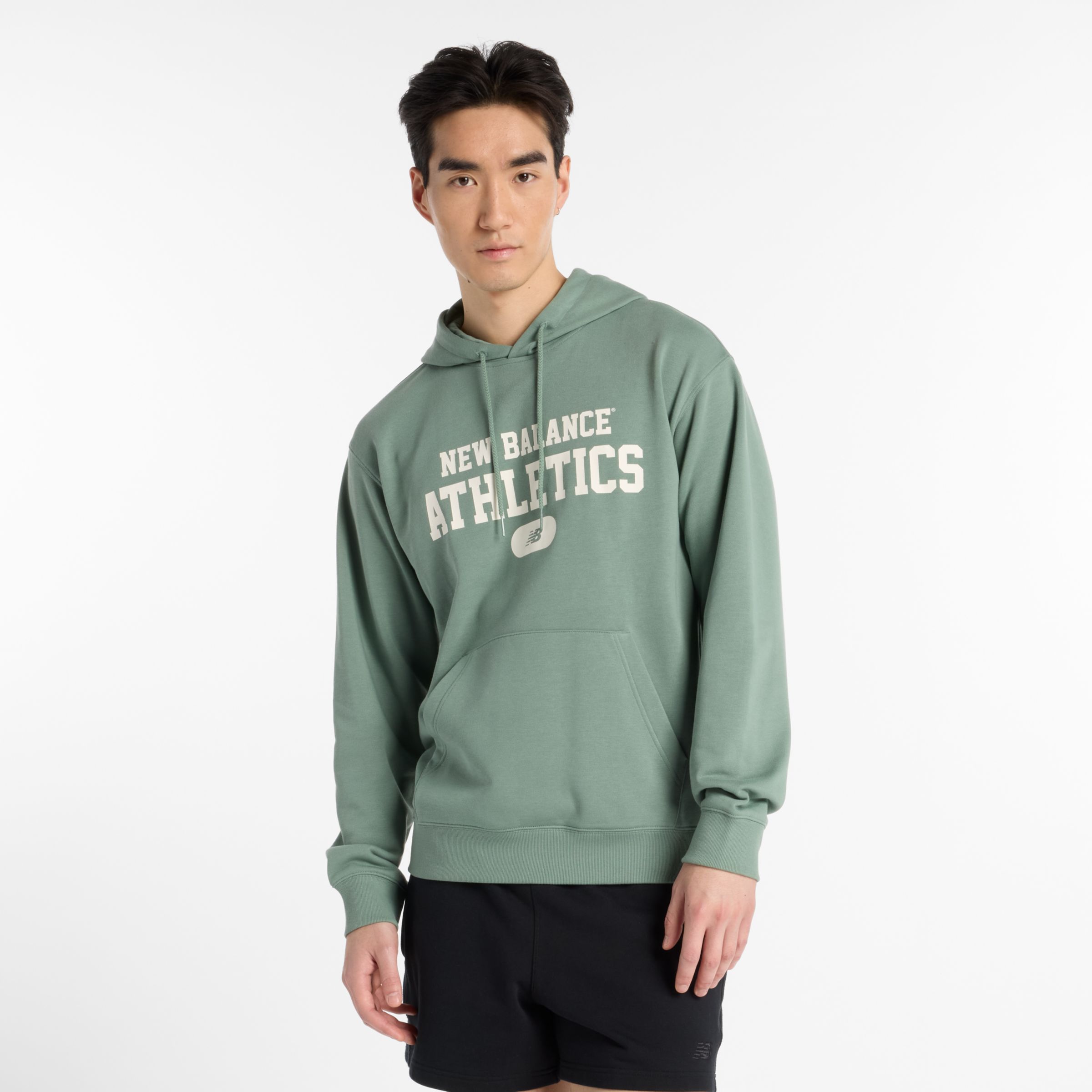 New Balance Men's Heritage French Terry Graphic Hoodie in Green Cotton, size Large