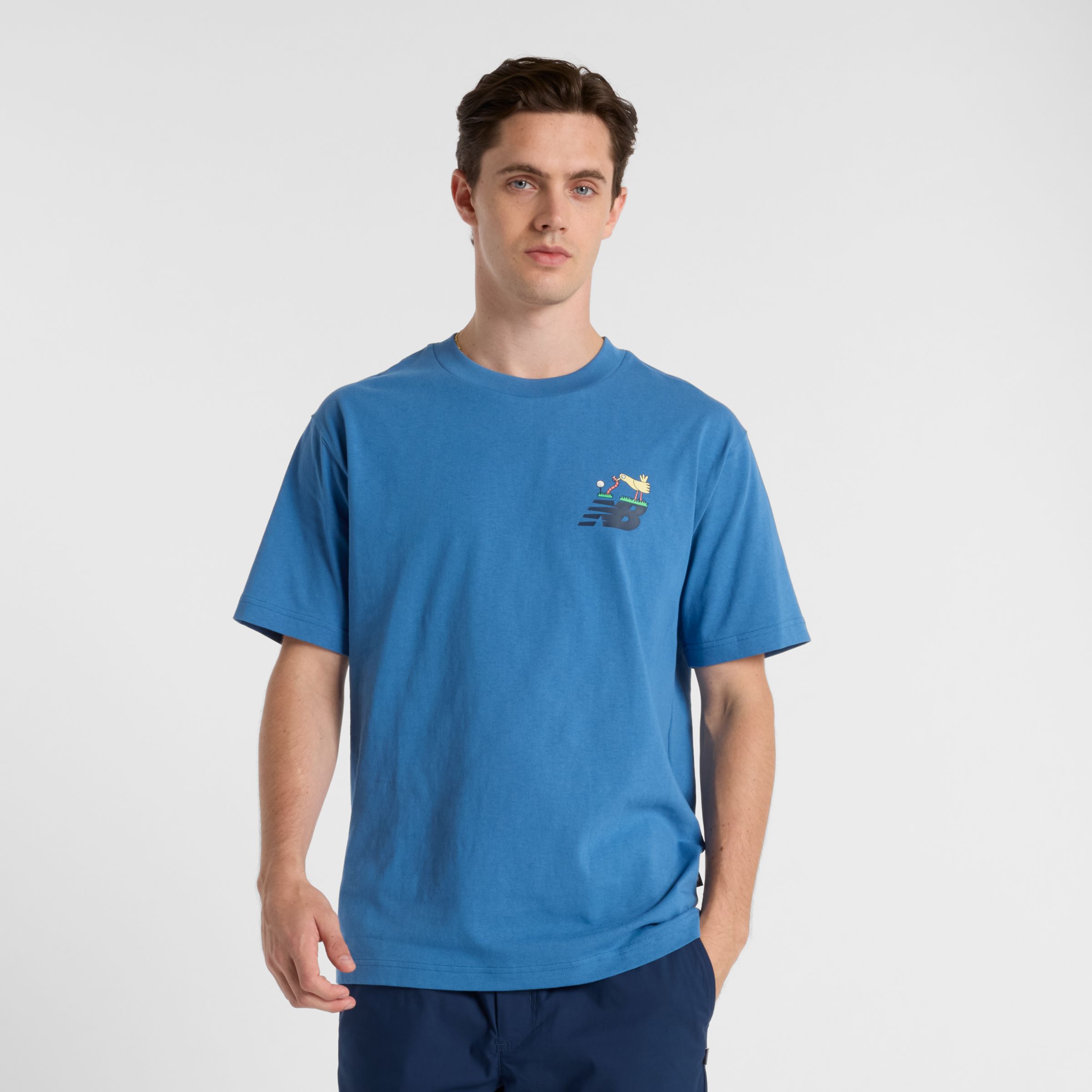 New Balance Men's Athletics Golf Cartoon T-Shirt in Blue Cotton, size Medium
