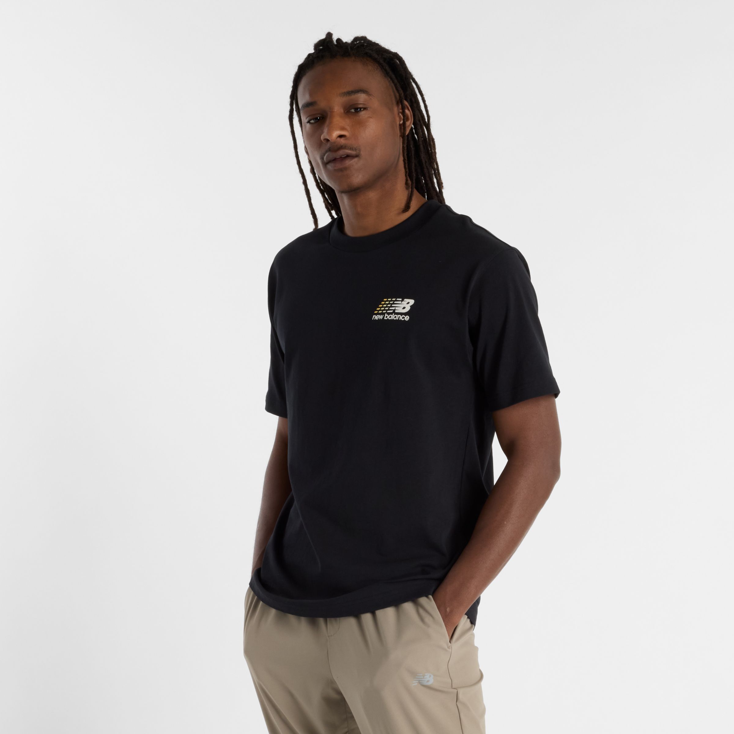 New Balance Men's Athletics Multi Color Logo T-Shirt in Black Cotton, size Large