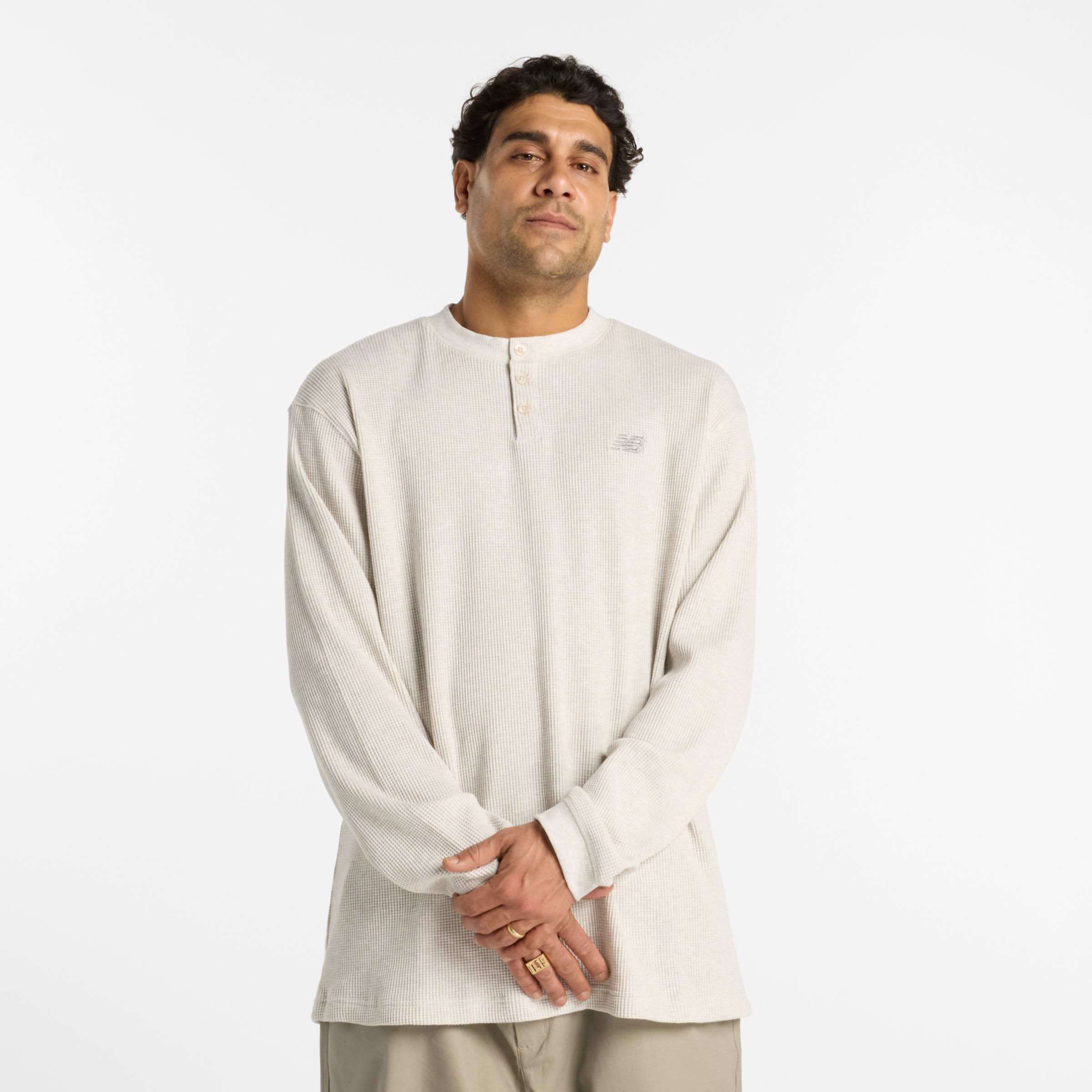 New Balance Men's Numeric Waffle Knit Long Sleeve Henley in Beige Cotton, size X-Large